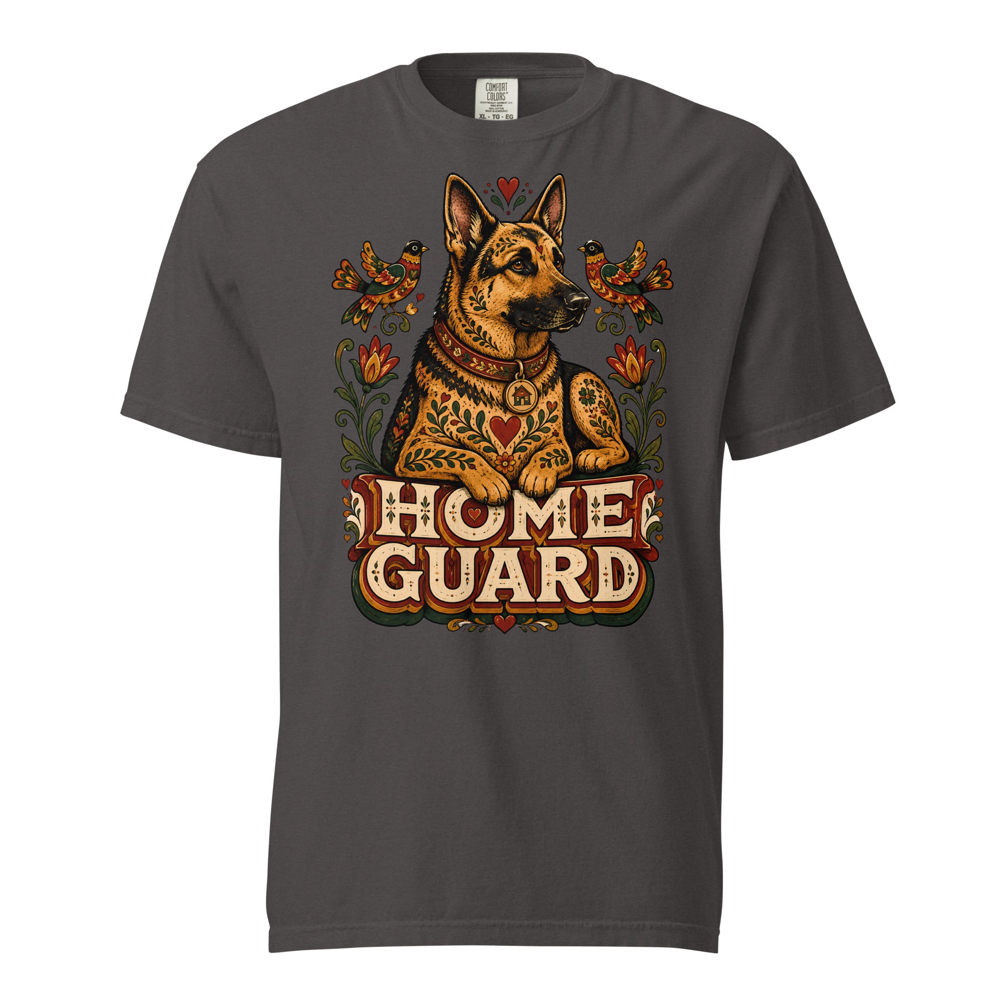 German Shepherd Lovers Unisex Garment-Dyed T-Shirt | Folk Art "Home Guard" Graphic Apparel by printfluence.net