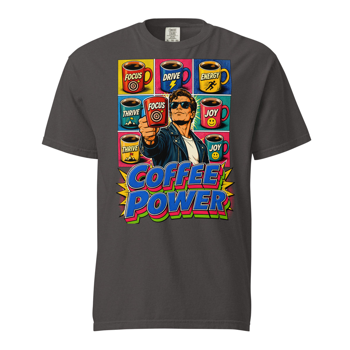 Coffee Lovers Unisex Garment-Dyed Heavyweight T-shirt Coffee Power – Retro Pop Art Motivational Graphic Tee by printfluence.net