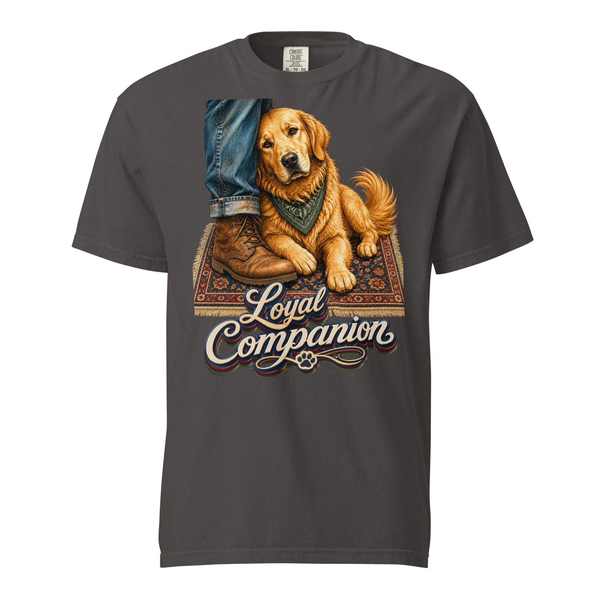 Golden Retriever Lovers Unisex Garment-Dyed Heavyweight T-Shirt — "Loyal Companion" Faithful Dog Resting on Rug Design by printfluence.net