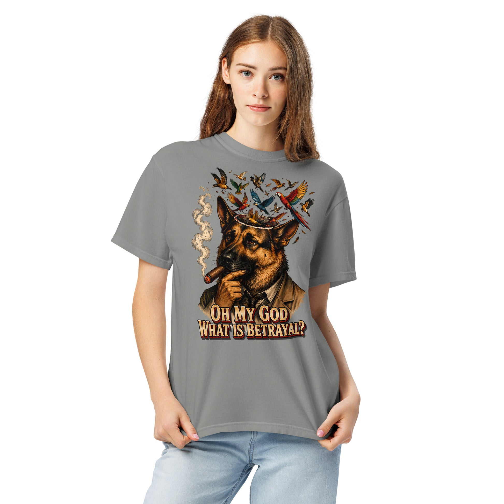 German Shepherd Lovers Unisex Garment-Dyed Heavyweight T-Shirt | "What Is Betrayal?" Philosophical Graphic Tee by printfluence.net
