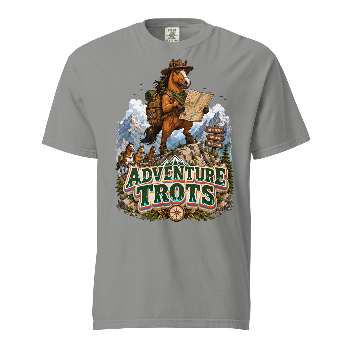 Adventure Trots Premium Tee | Epic Horse Lover's Hiking & Trail Graphic T-Shirt by printfluence.net