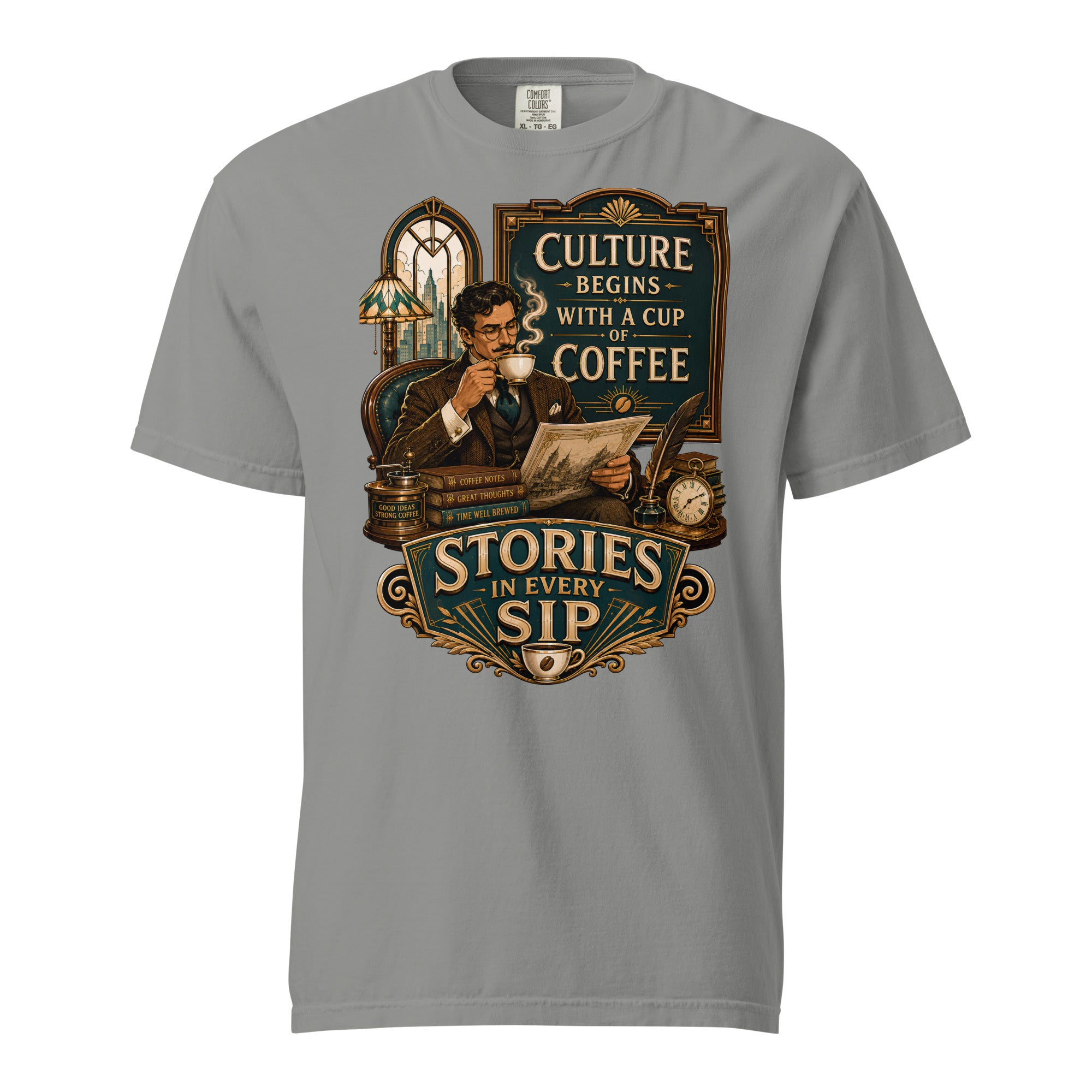 Coffee Lovers Unisex Heavyweight T-shirt Stories in Every Sip – Vintage Gentleman & Intellectual Coffee Graphic Tee by printfluence.net