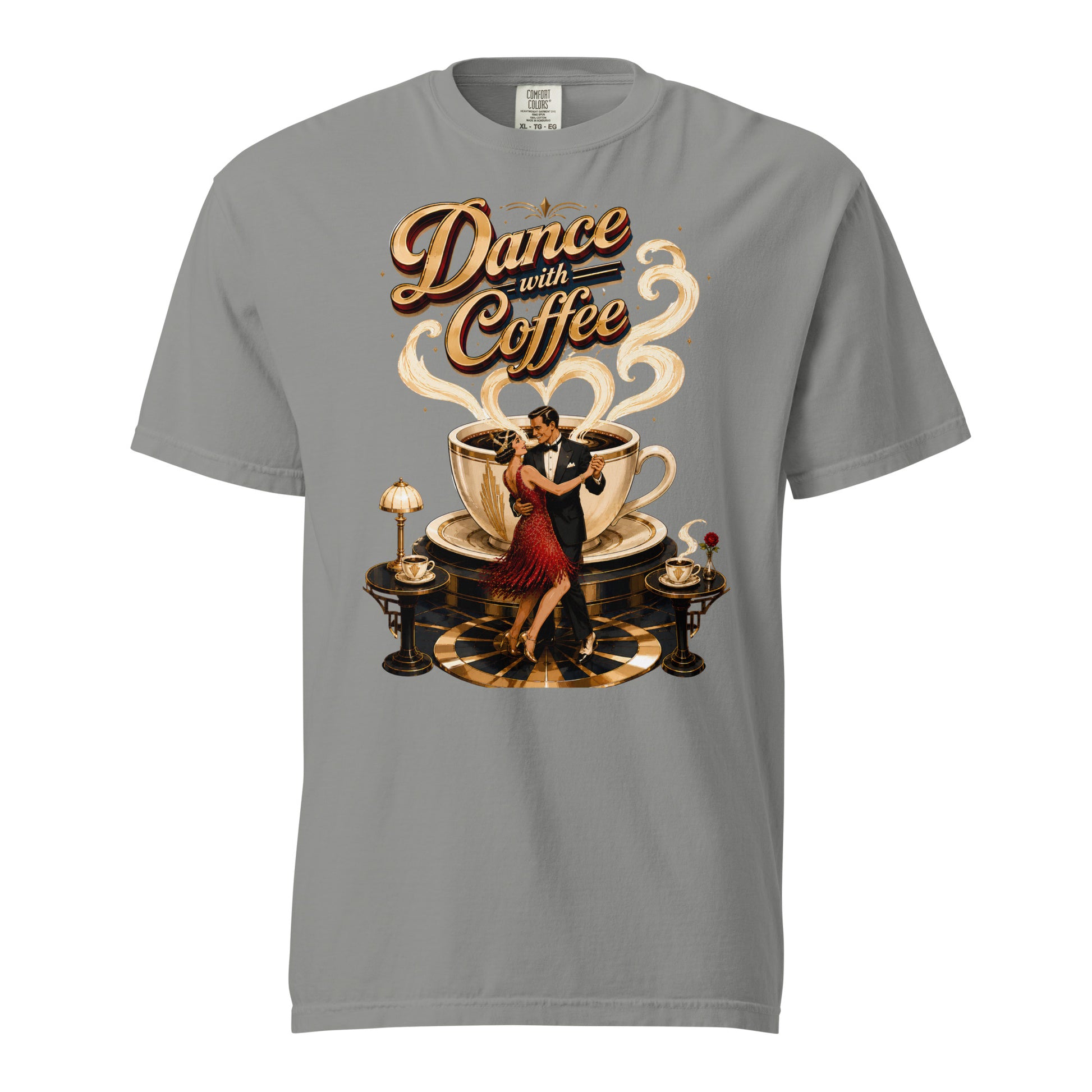 Coffee Lovers Unisex Garment-Dyed Heavyweight T-Shirt Dance with Coffee – Art Deco Dancer & Giant Cup Graphic Tee by printfluence.net