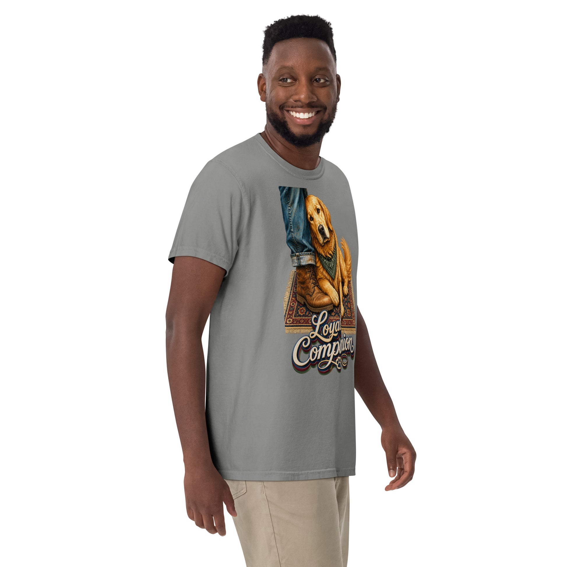 Golden Retriever Lovers Unisex Garment-Dyed Heavyweight T-Shirt — "Loyal Companion" Faithful Dog Resting on Rug Design by printfluence.net