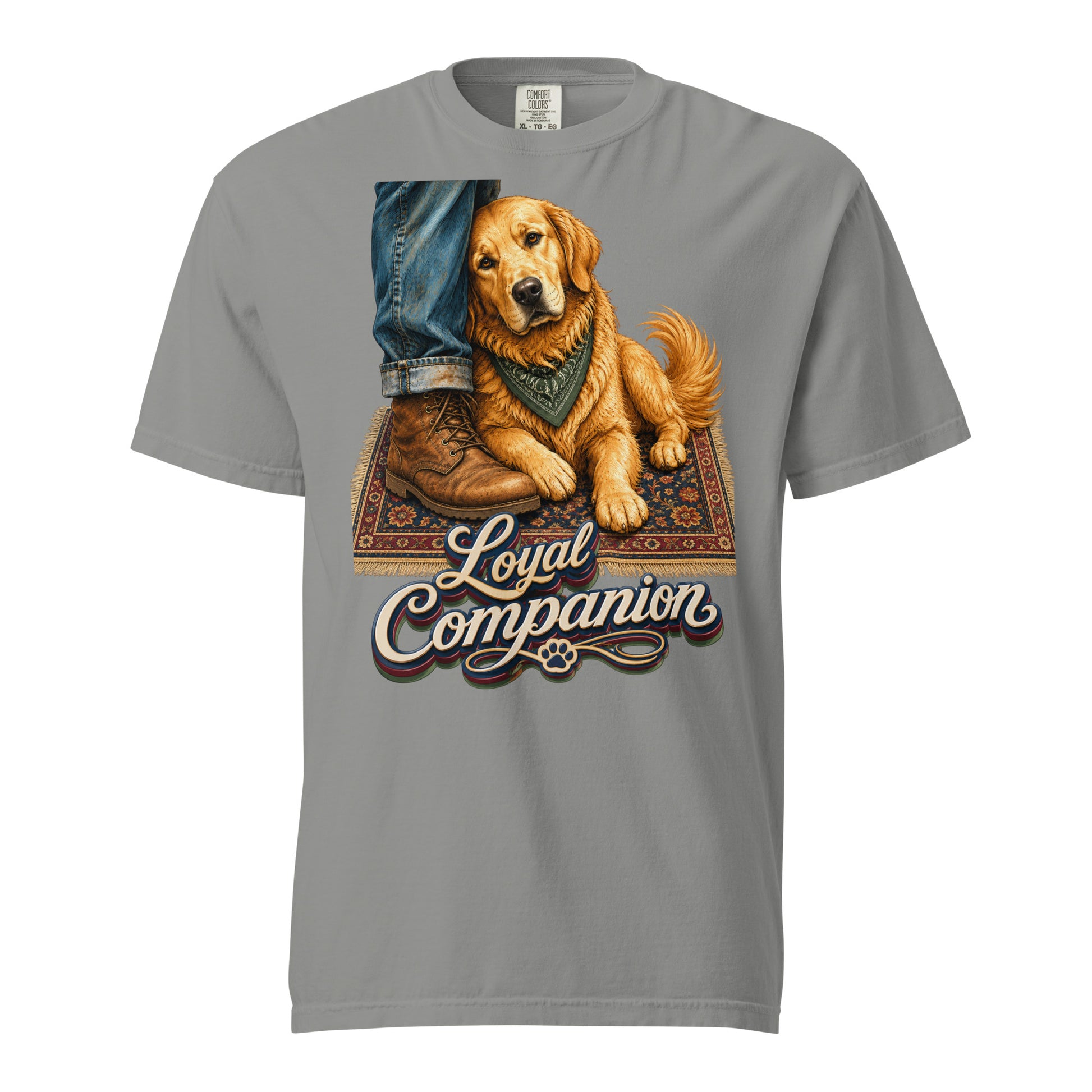 Golden Retriever Lovers Unisex Garment-Dyed Heavyweight T-Shirt — "Loyal Companion" Faithful Dog Resting on Rug Design by printfluence.net