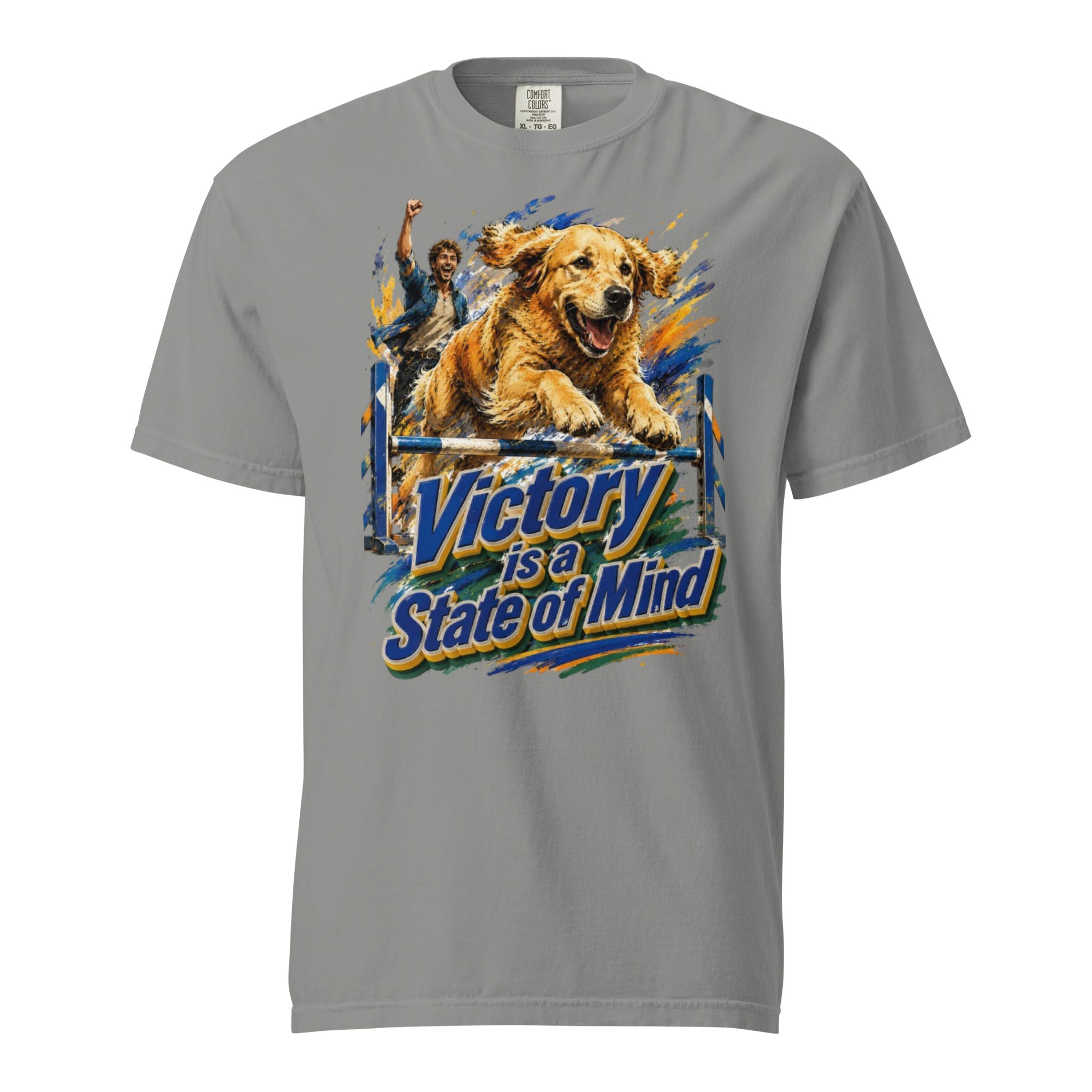 Golden Retriever Lovers Unisex Garment-Dyed Heavyweight T-Shirt — "Victory is a State of Mind" Agility Jumping Dog and Owner Design by printfluence.net