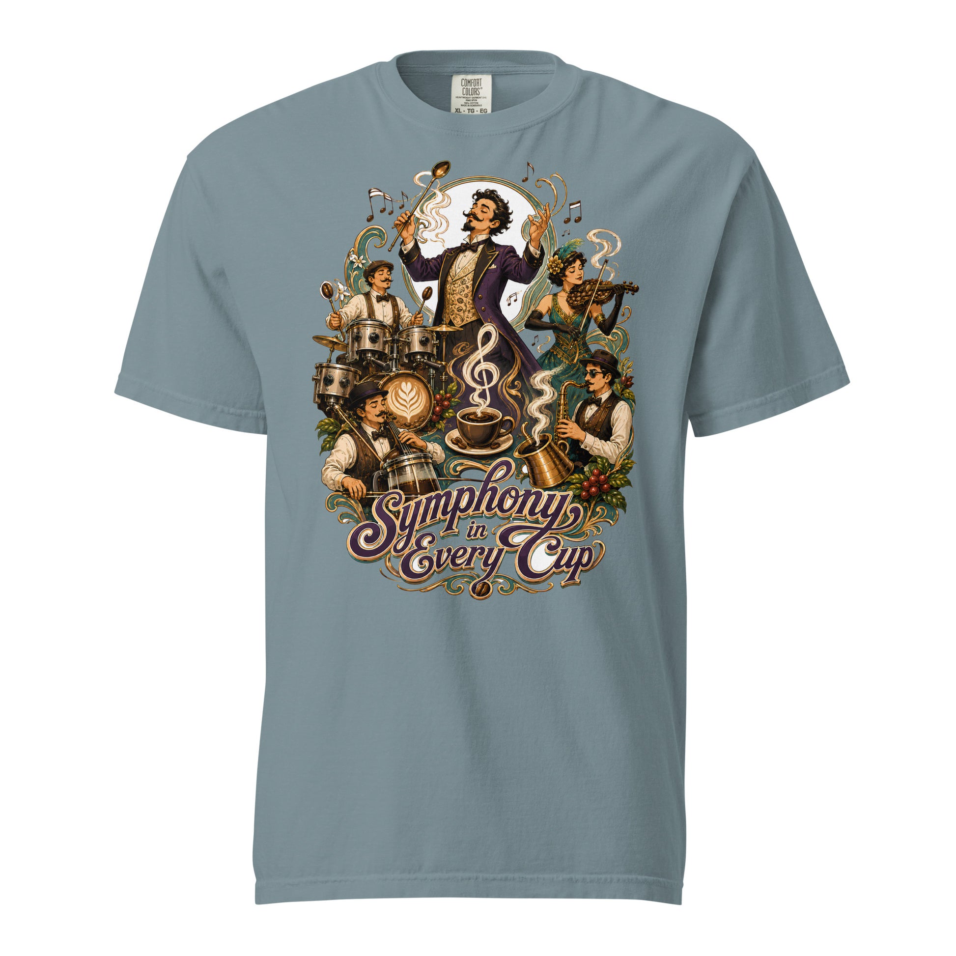 Coffee Lovers Unisex Heavyweight T-shirt Symphony in Every Cup – Musical & Orchestral Coffee Graphic Tee by printfluence.net