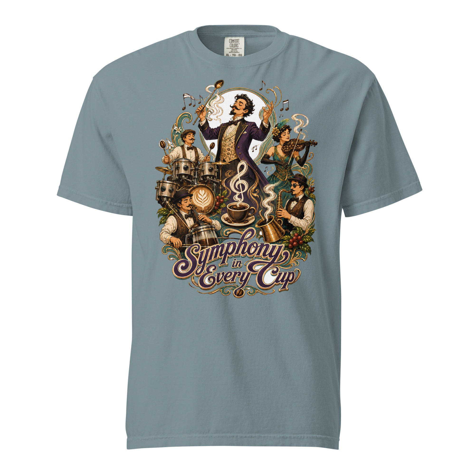 Coffee Lovers Unisex Heavyweight T-shirt Symphony in Every Cup – Musical & Orchestral Coffee Graphic Tee by printfluence.net