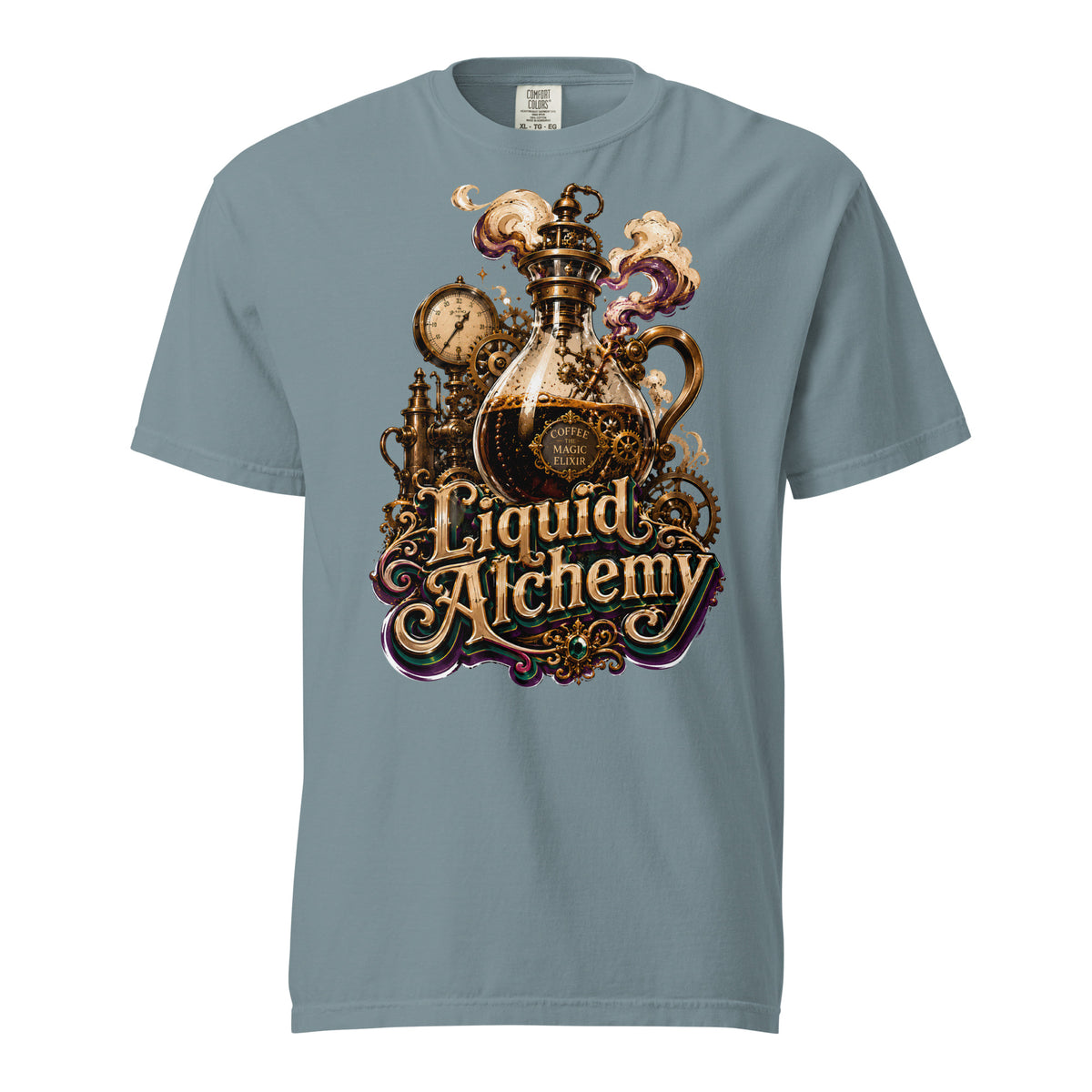 Coffee Lovers Unisex Garment-Dyed Heavyweight T-shirt Liquid Alchemy – Steampunk Coffee Magic Elixir Graphic Tee by printfluence.net