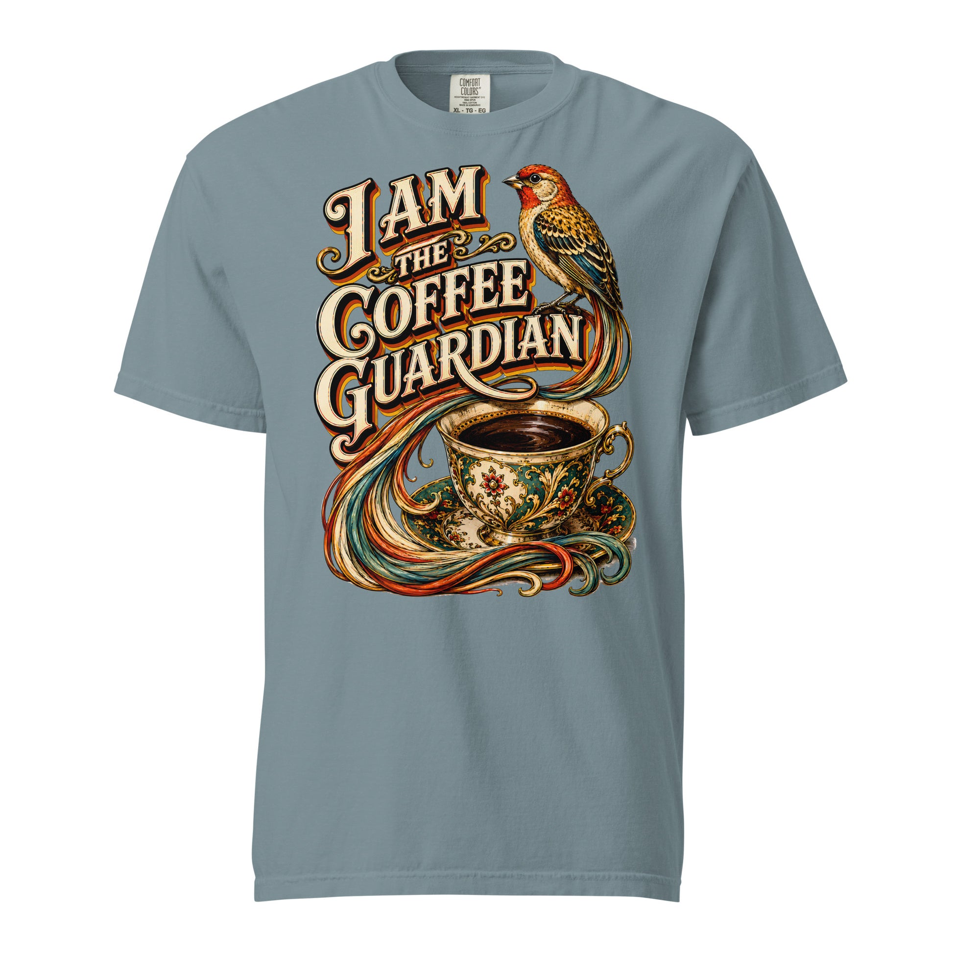 Coffee Lovers Unisex Heavyweight T-shirt The Coffee Guardian – Whimsical Bird & Vintage Cup Graphic Tee by printfluence.net