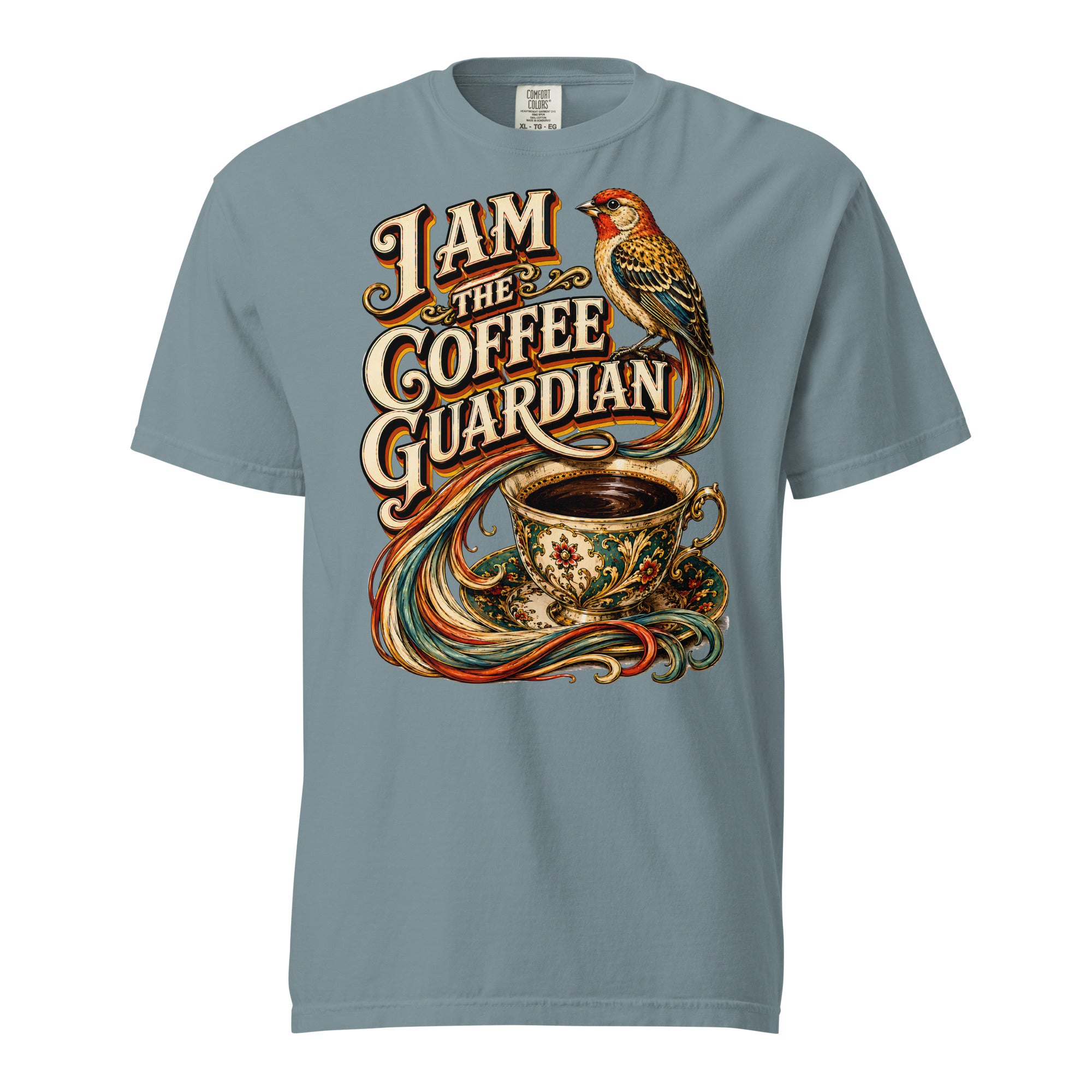 Coffee Lovers Unisex Heavyweight T-shirt The Coffee Guardian – Whimsical Bird & Vintage Cup Graphic Tee by printfluence.net