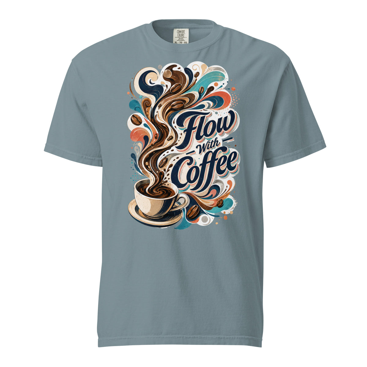 Coffee Lovers Heavyweight T-Shirt Flow with Coffee – Abstract Swirl & Coffee Bean Graphic Tee by printfluence.net