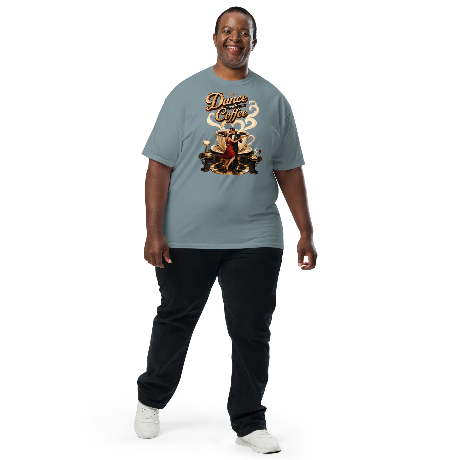 Coffee Lovers Unisex Garment-Dyed Heavyweight T-Shirt Dance with Coffee – Art Deco Dancer & Giant Cup Graphic Tee by printfluence.net