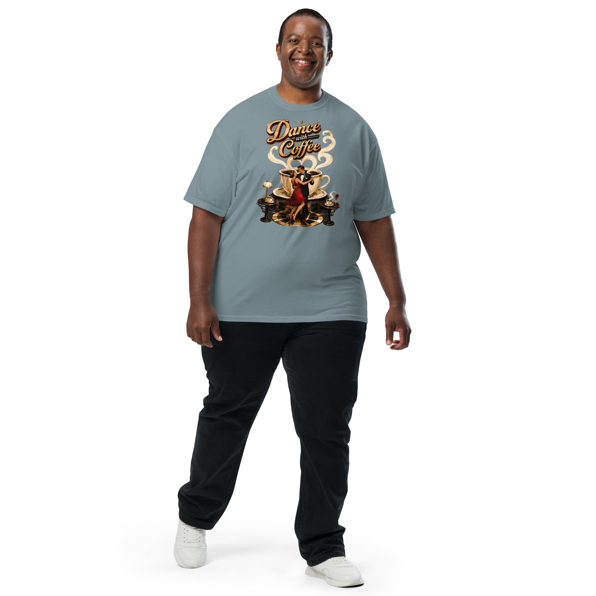 Coffee Lovers Unisex Garment-Dyed Heavyweight T-Shirt Dance with Coffee – Art Deco Dancer & Giant Cup Graphic Tee by printfluence.net