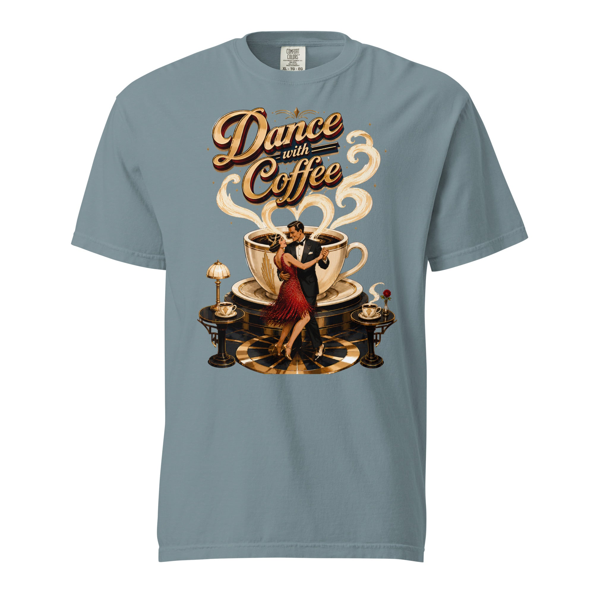 Coffee Lovers Unisex Garment-Dyed Heavyweight T-Shirt Dance with Coffee – Art Deco Dancer & Giant Cup Graphic Tee by printfluence.net