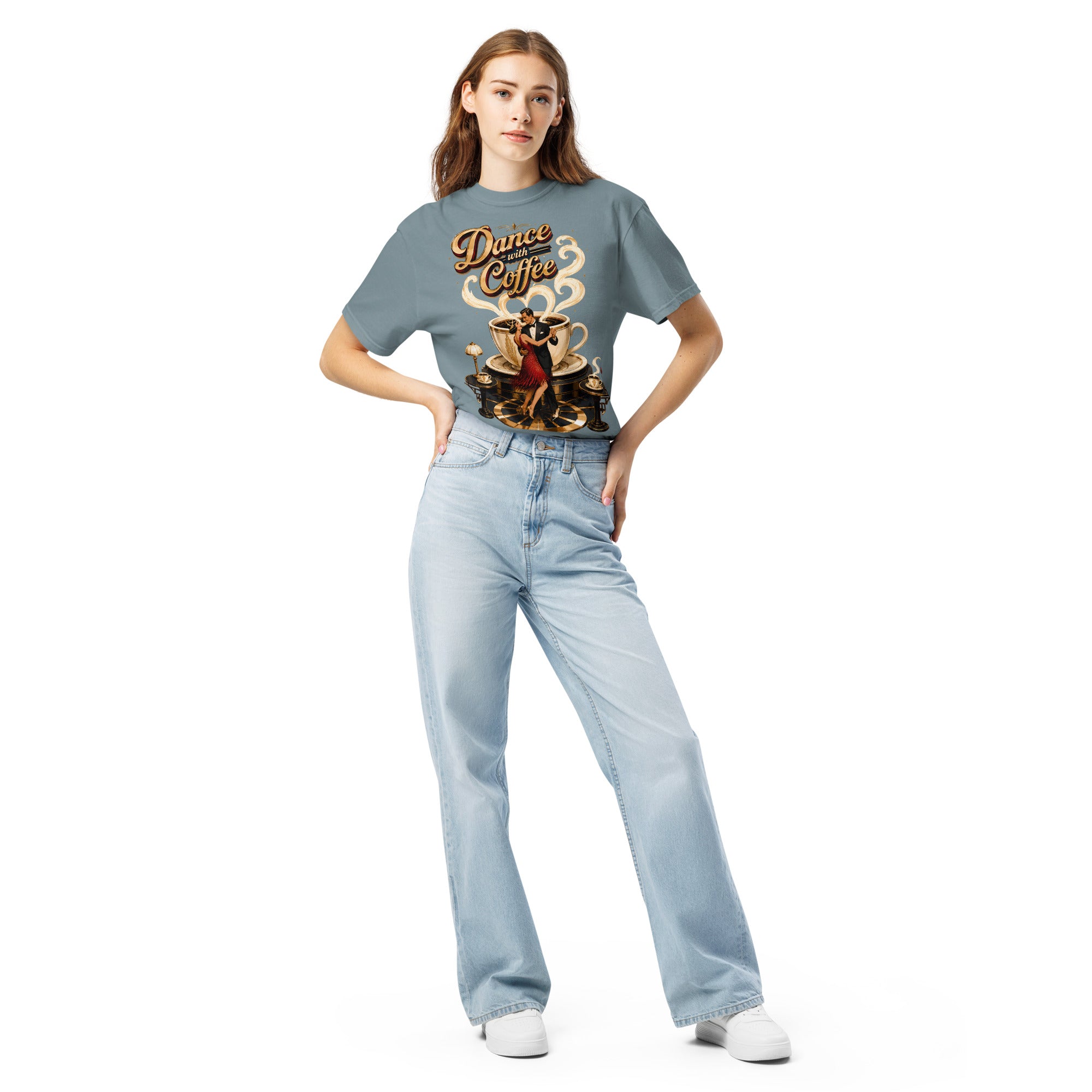 Coffee Lovers Unisex Garment-Dyed Heavyweight T-Shirt Dance with Coffee – Art Deco Dancer & Giant Cup Graphic Tee by printfluence.net