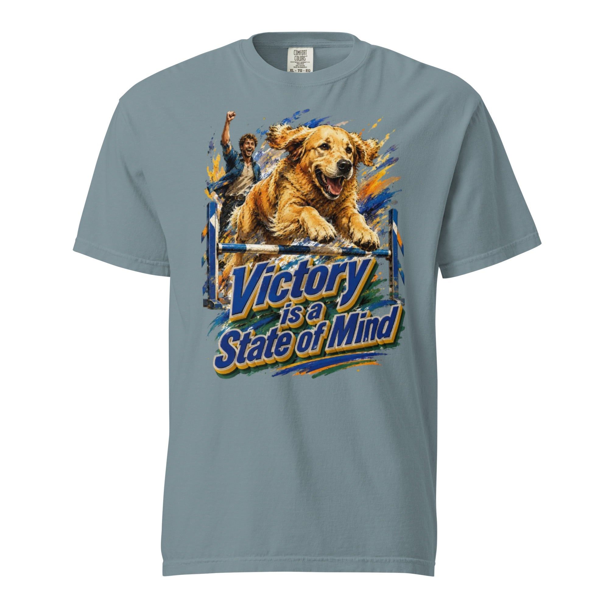 Golden Retriever Lovers Unisex Garment-Dyed Heavyweight T-Shirt — "Victory is a State of Mind" Agility Jumping Dog and Owner Design by printfluence.net