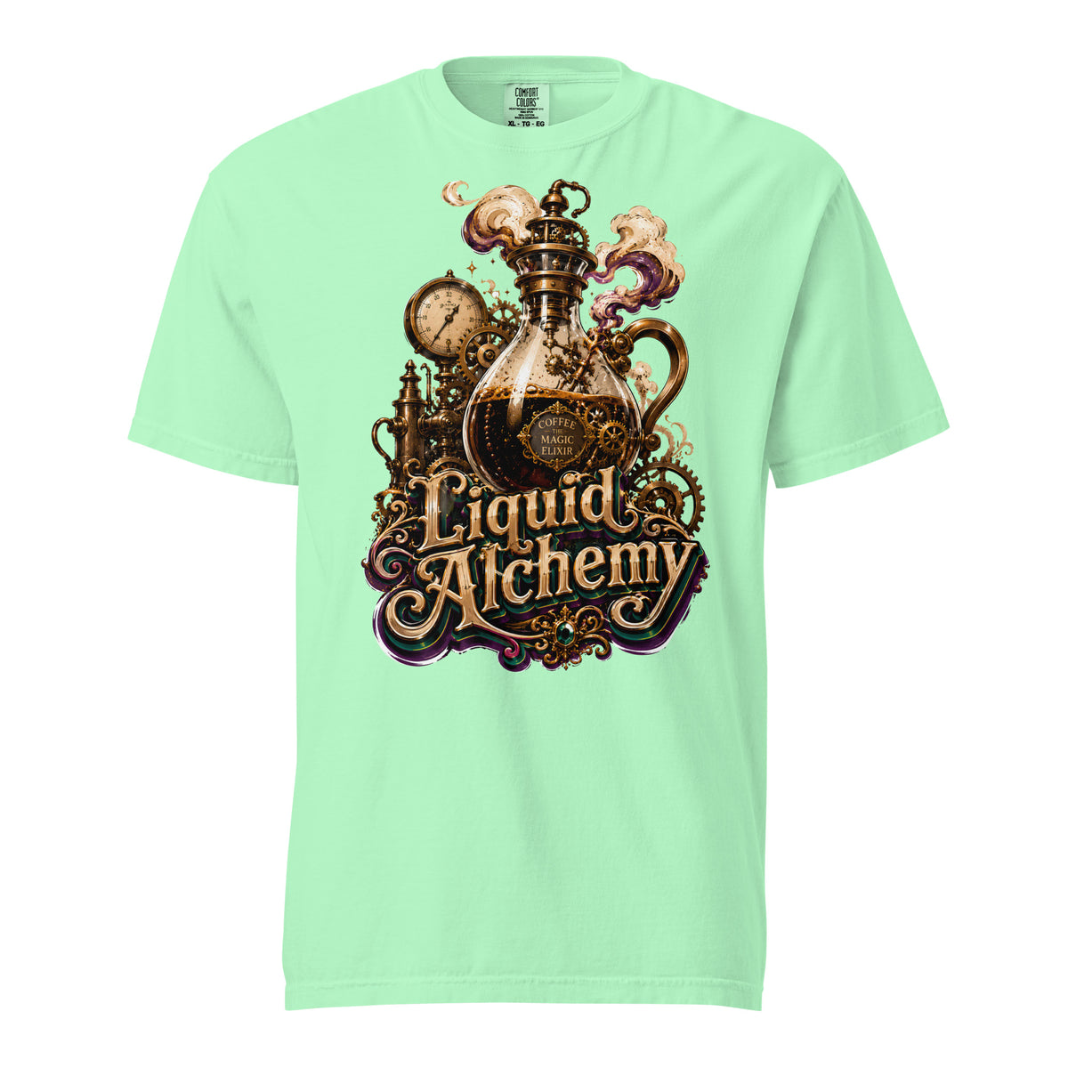 Coffee Lovers Unisex Garment-Dyed Heavyweight T-shirt Liquid Alchemy – Steampunk Coffee Magic Elixir Graphic Tee by printfluence.net