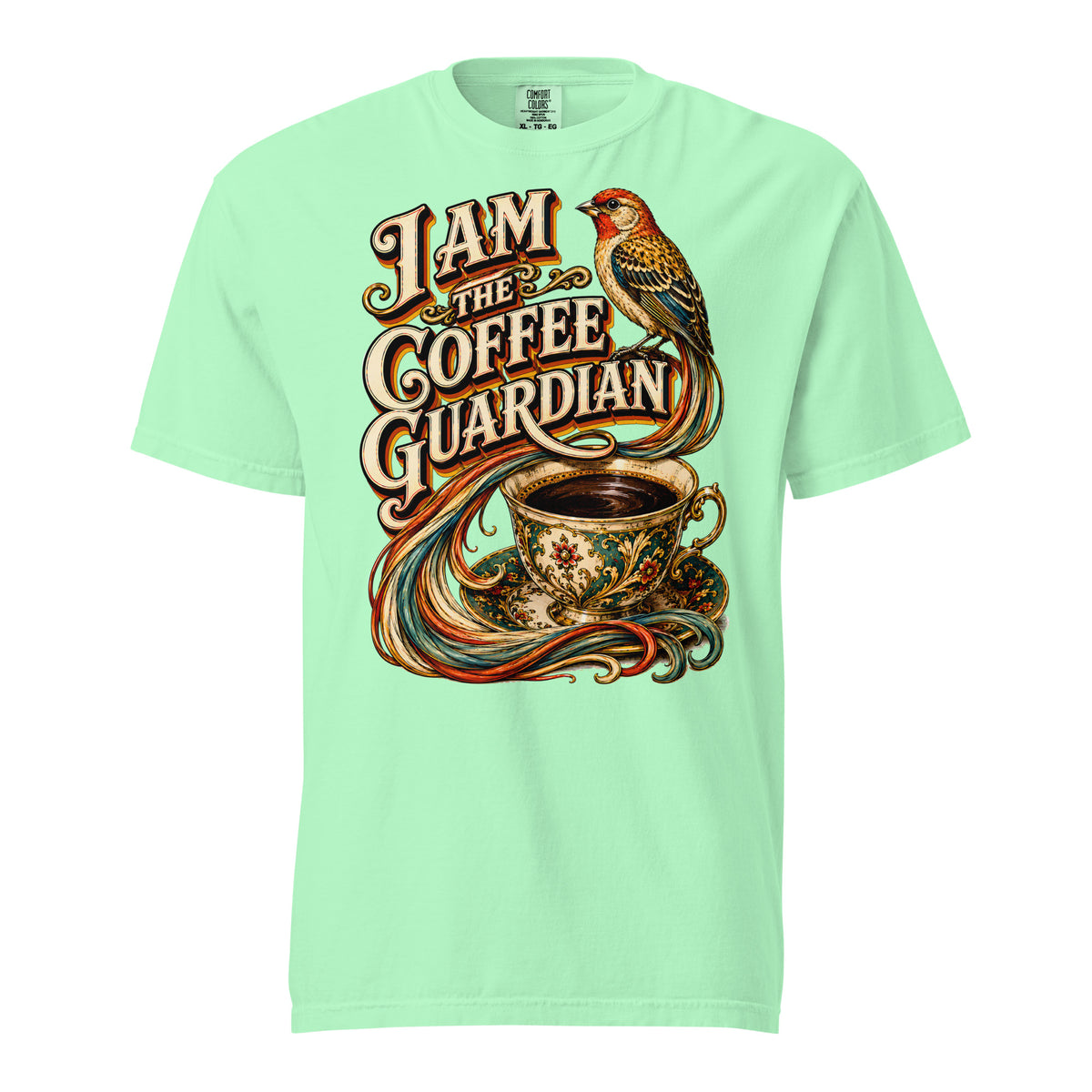Coffee Lovers Unisex Heavyweight T-shirt The Coffee Guardian – Whimsical Bird & Vintage Cup Graphic Tee by printfluence.net