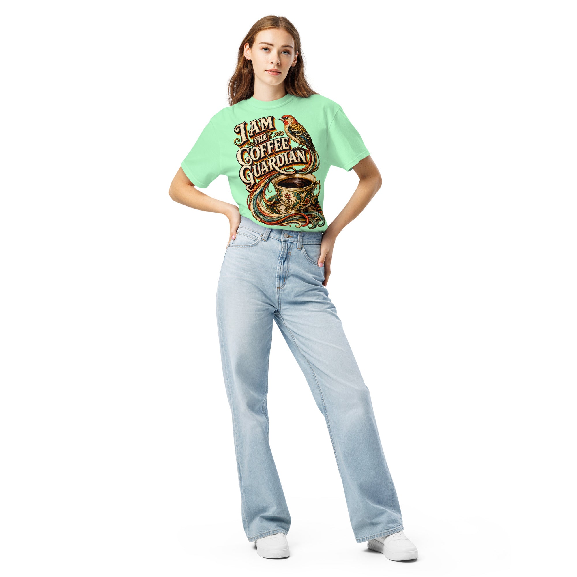 Coffee Lovers Unisex Heavyweight T-shirt The Coffee Guardian – Whimsical Bird & Vintage Cup Graphic Tee by printfluence.net