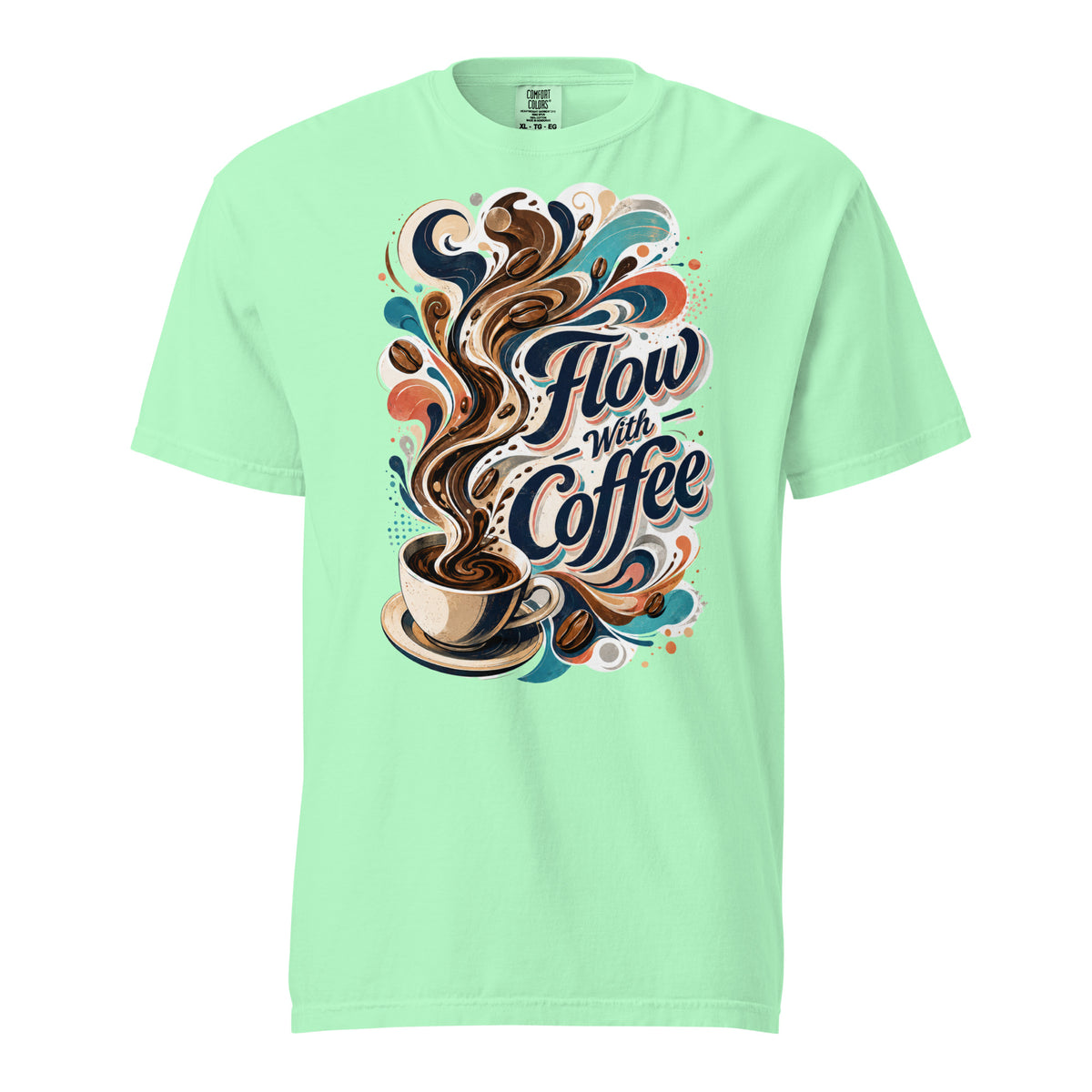 Coffee Lovers Heavyweight T-Shirt Flow with Coffee – Abstract Swirl & Coffee Bean Graphic Tee by printfluence.net