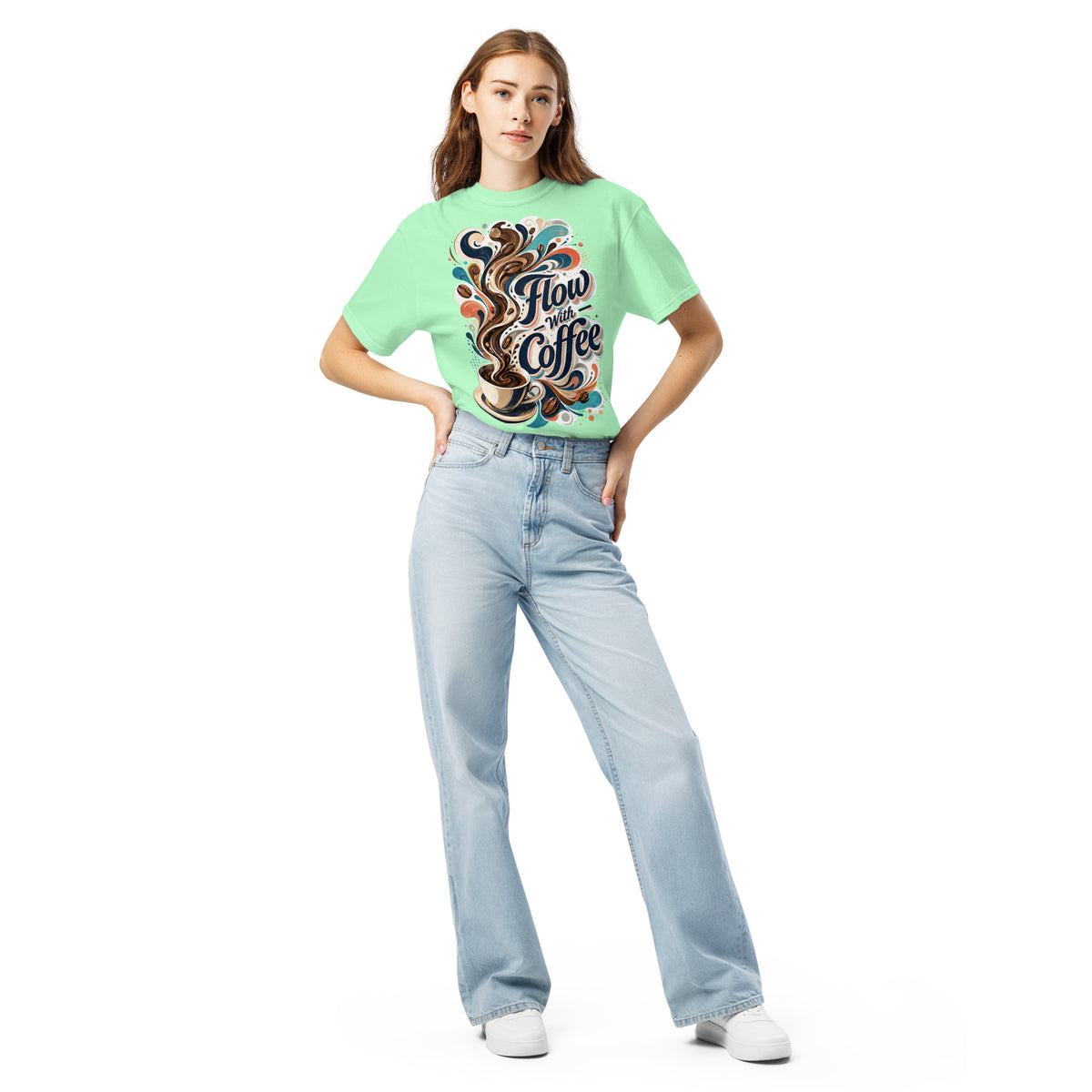 Coffee Lovers Heavyweight T-Shirt Flow with Coffee – Abstract Swirl & Coffee Bean Graphic Tee by printfluence.net