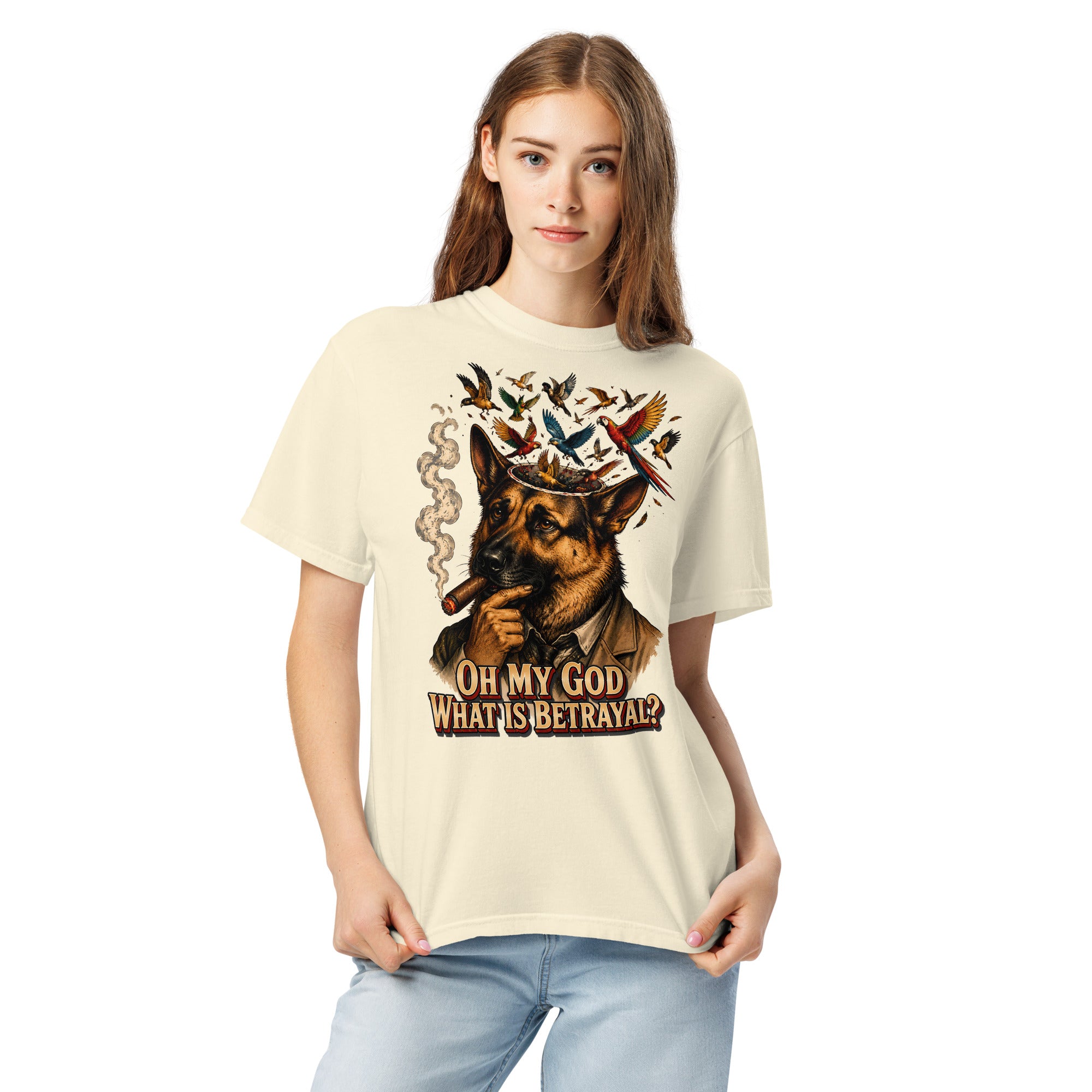 German Shepherd Lovers Unisex Garment-Dyed Heavyweight T-Shirt | "What Is Betrayal?" Philosophical Graphic Tee by printfluence.net