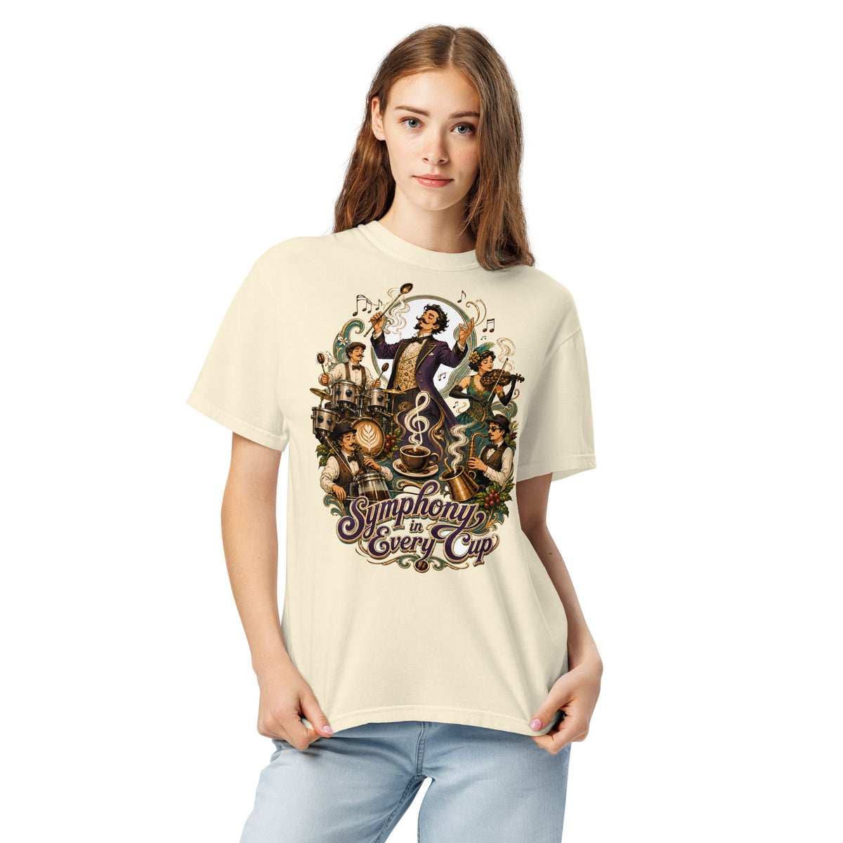 Coffee Lovers Unisex Heavyweight T-shirt Symphony in Every Cup – Musical & Orchestral Coffee Graphic Tee by printfluence.net