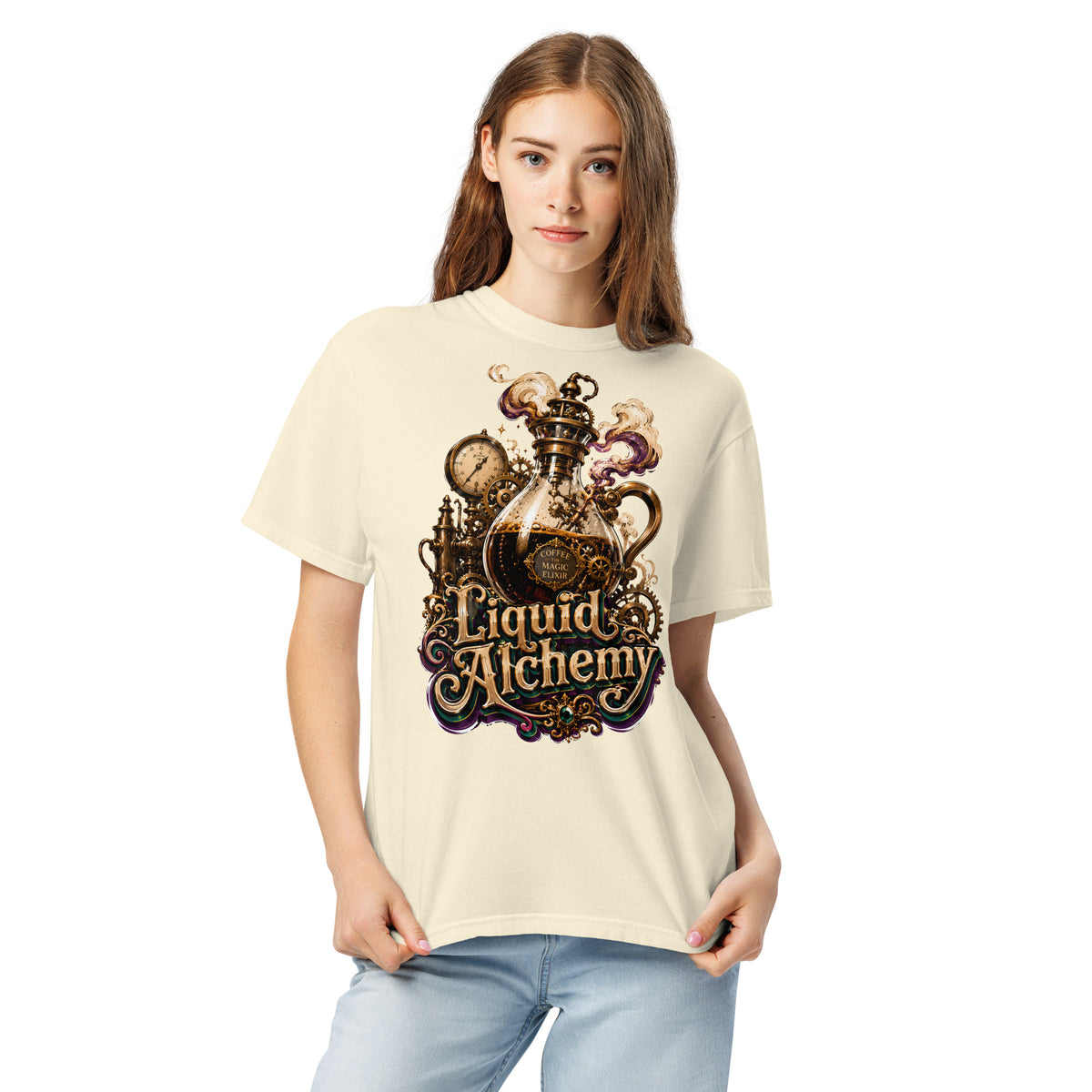 Coffee Lovers Unisex Garment-Dyed Heavyweight T-shirt Liquid Alchemy – Steampunk Coffee Magic Elixir Graphic Tee by printfluence.net