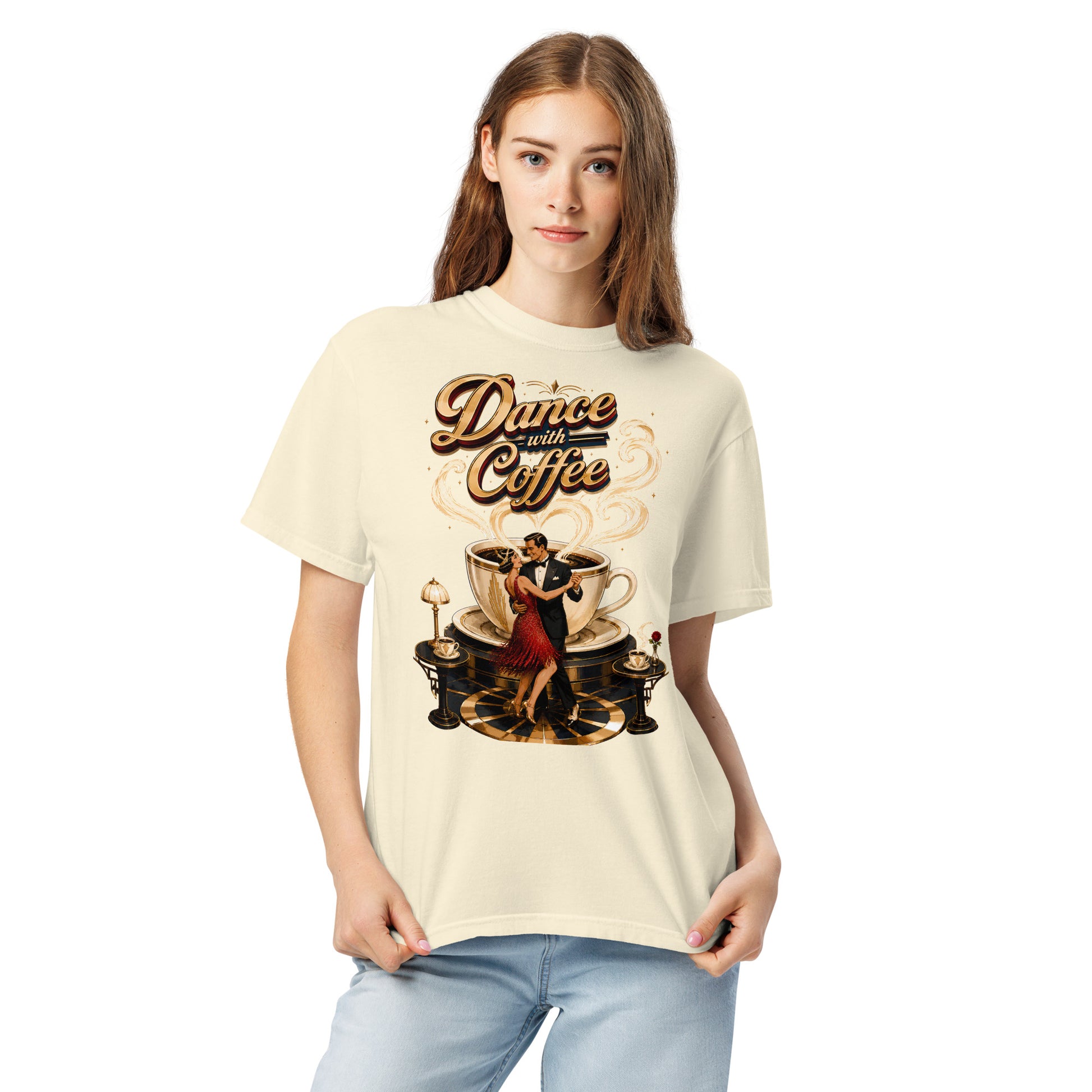 Coffee Lovers Unisex Garment-Dyed Heavyweight T-Shirt Dance with Coffee – Art Deco Dancer & Giant Cup Graphic Tee by printfluence.net