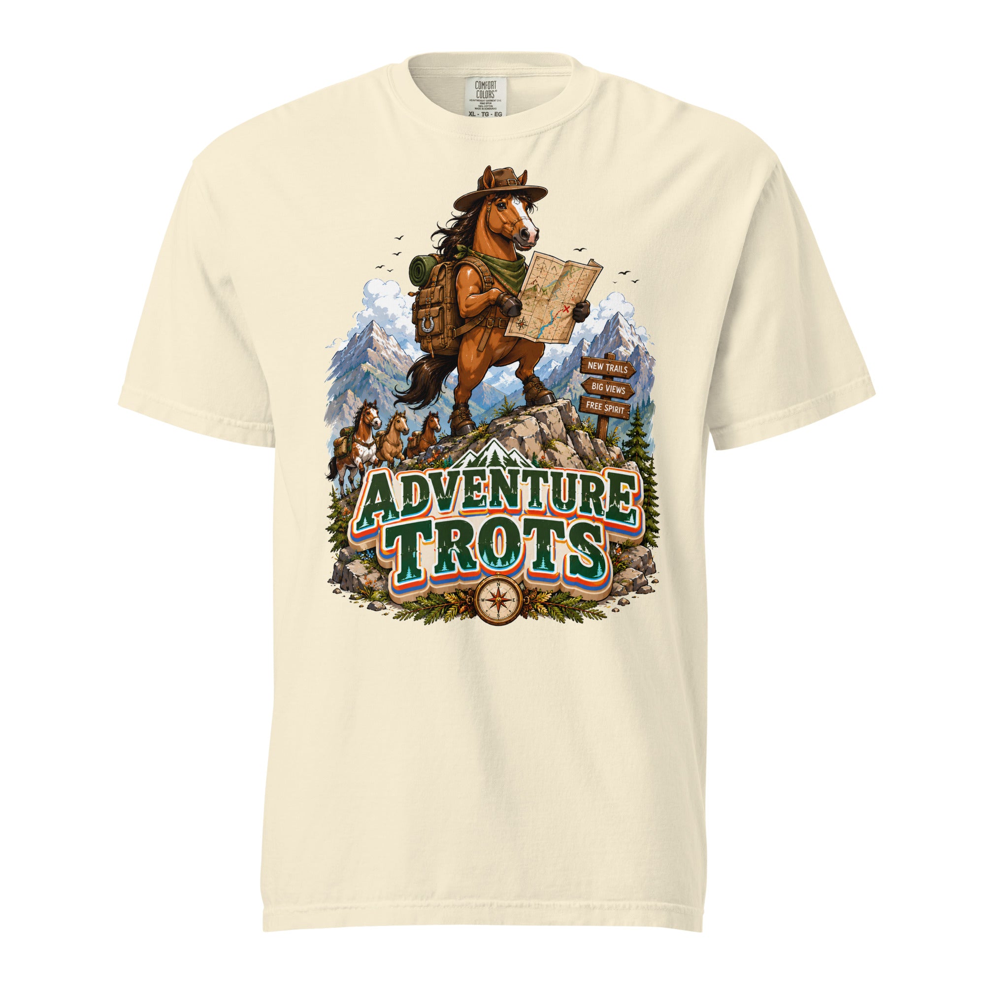 Adventure Trots Premium Tee | Epic Horse Lover's Hiking & Trail Graphic T-Shirt by printfluence.net