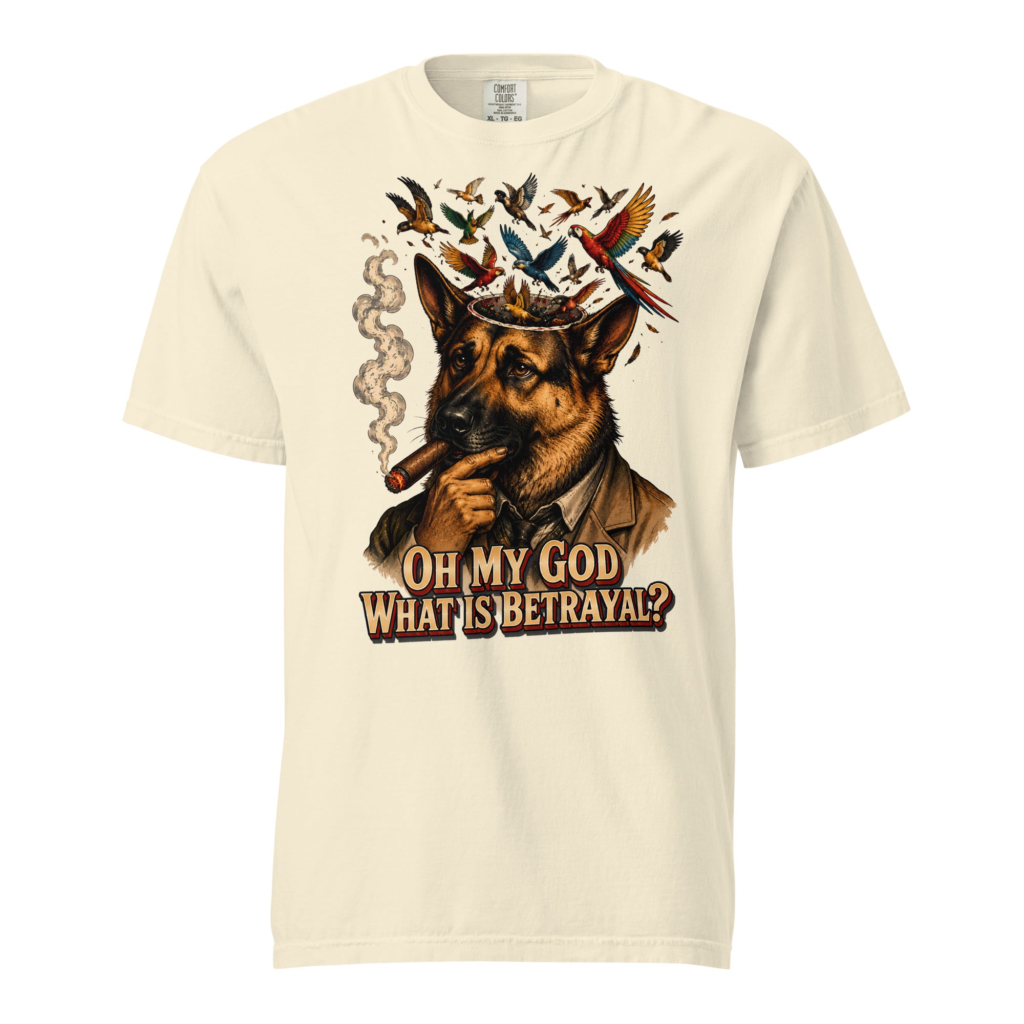 German Shepherd Lovers Unisex Garment-Dyed Heavyweight T-Shirt | "What Is Betrayal?" Philosophical Graphic Tee by printfluence.net