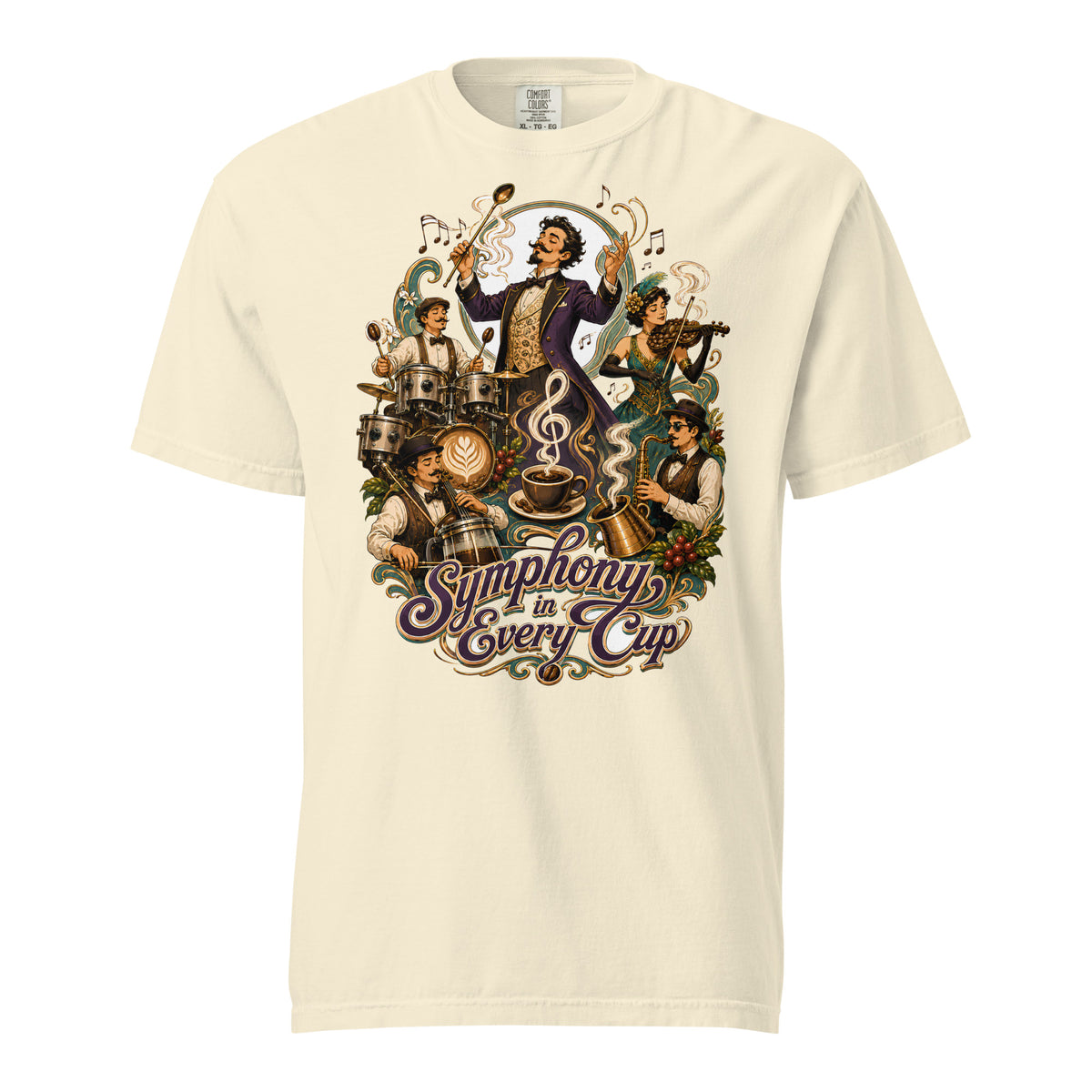 Coffee Lovers Unisex Heavyweight T-shirt Symphony in Every Cup – Musical & Orchestral Coffee Graphic Tee by printfluence.net