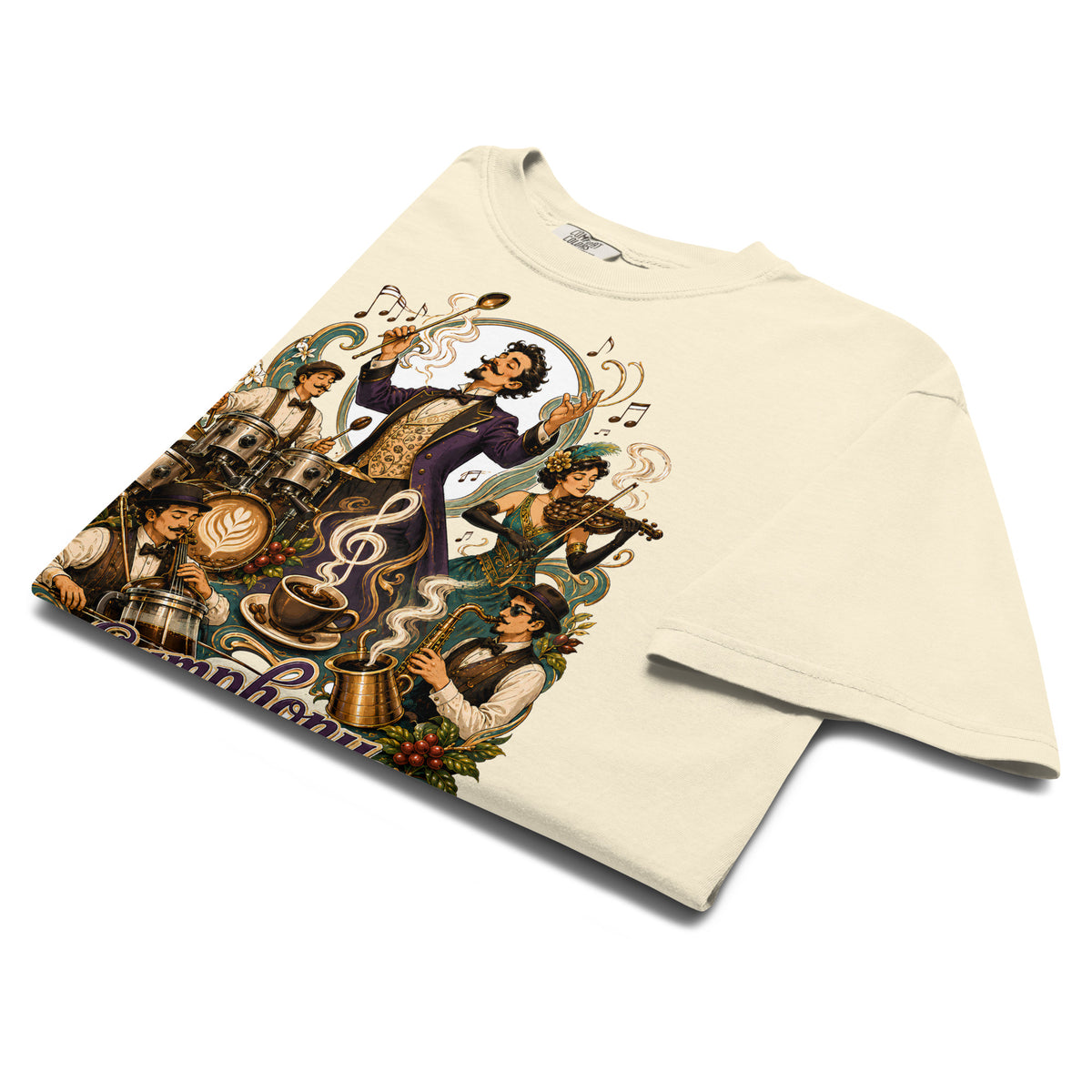 Coffee Lovers Unisex Heavyweight T-shirt Symphony in Every Cup – Musical & Orchestral Coffee Graphic Tee by printfluence.net
