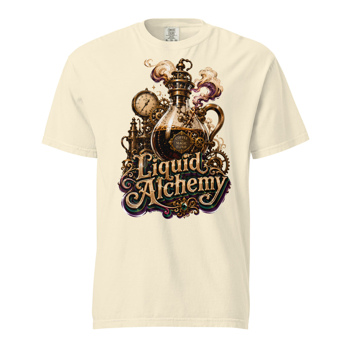 Coffee Lovers Unisex Garment-Dyed Heavyweight T-shirt Liquid Alchemy – Steampunk Coffee Magic Elixir Graphic Tee by printfluence.net