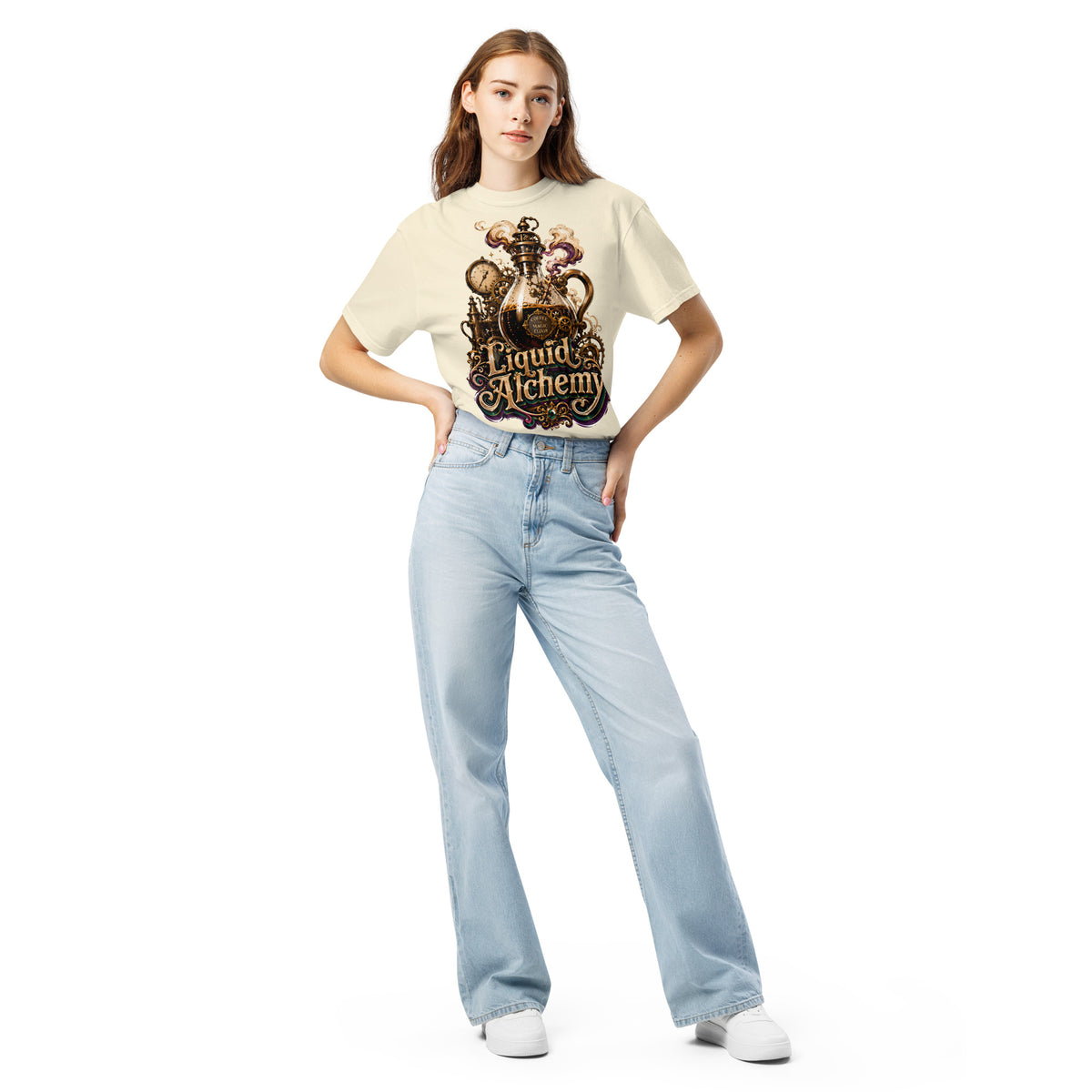 Coffee Lovers Unisex Garment-Dyed Heavyweight T-shirt Liquid Alchemy – Steampunk Coffee Magic Elixir Graphic Tee by printfluence.net