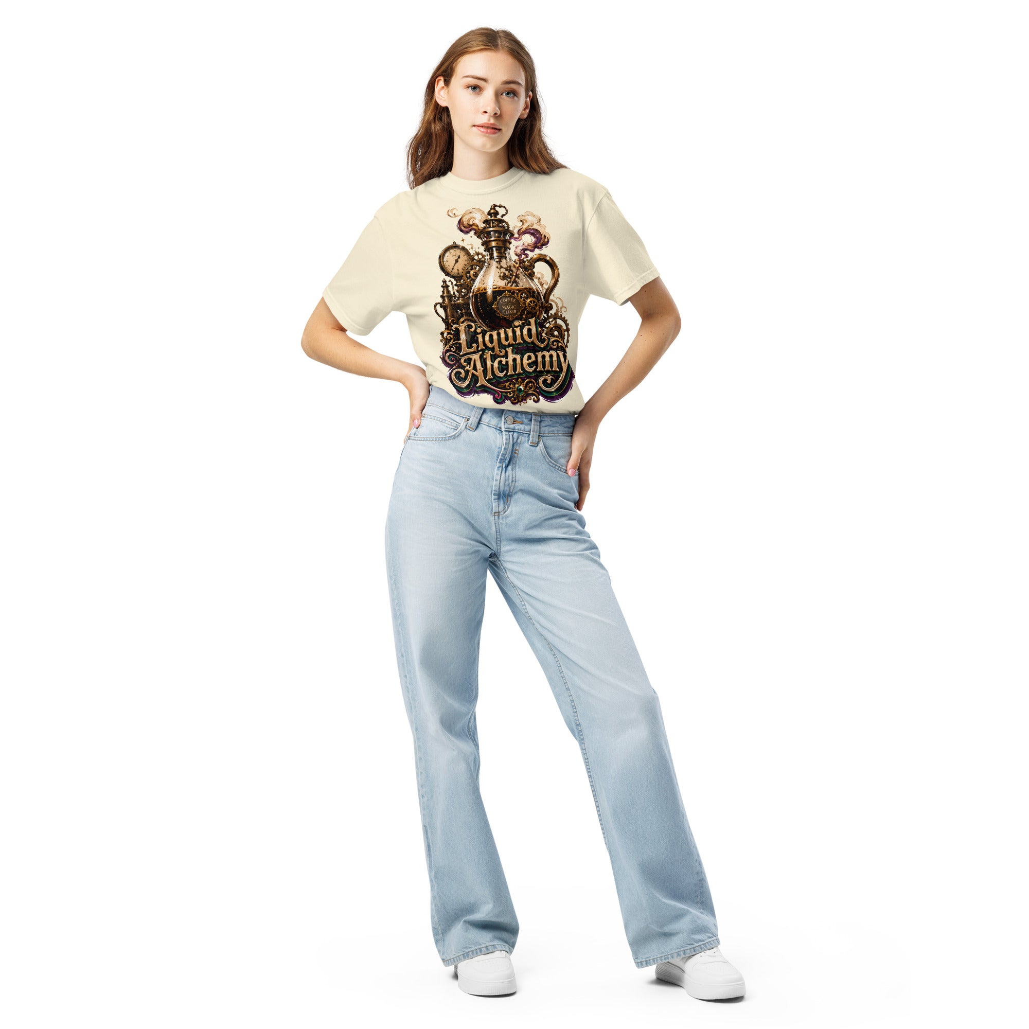 Coffee Lovers Unisex Garment-Dyed Heavyweight T-shirt Liquid Alchemy – Steampunk Coffee Magic Elixir Graphic Tee by printfluence.net