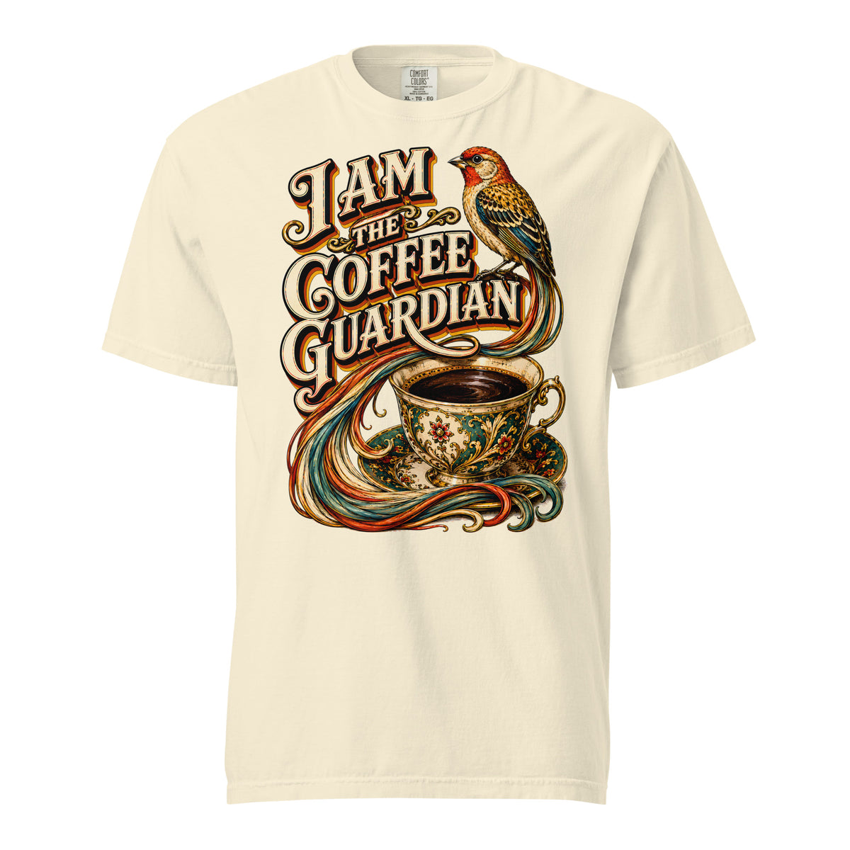 Coffee Lovers Unisex Heavyweight T-shirt The Coffee Guardian – Whimsical Bird & Vintage Cup Graphic Tee by printfluence.net