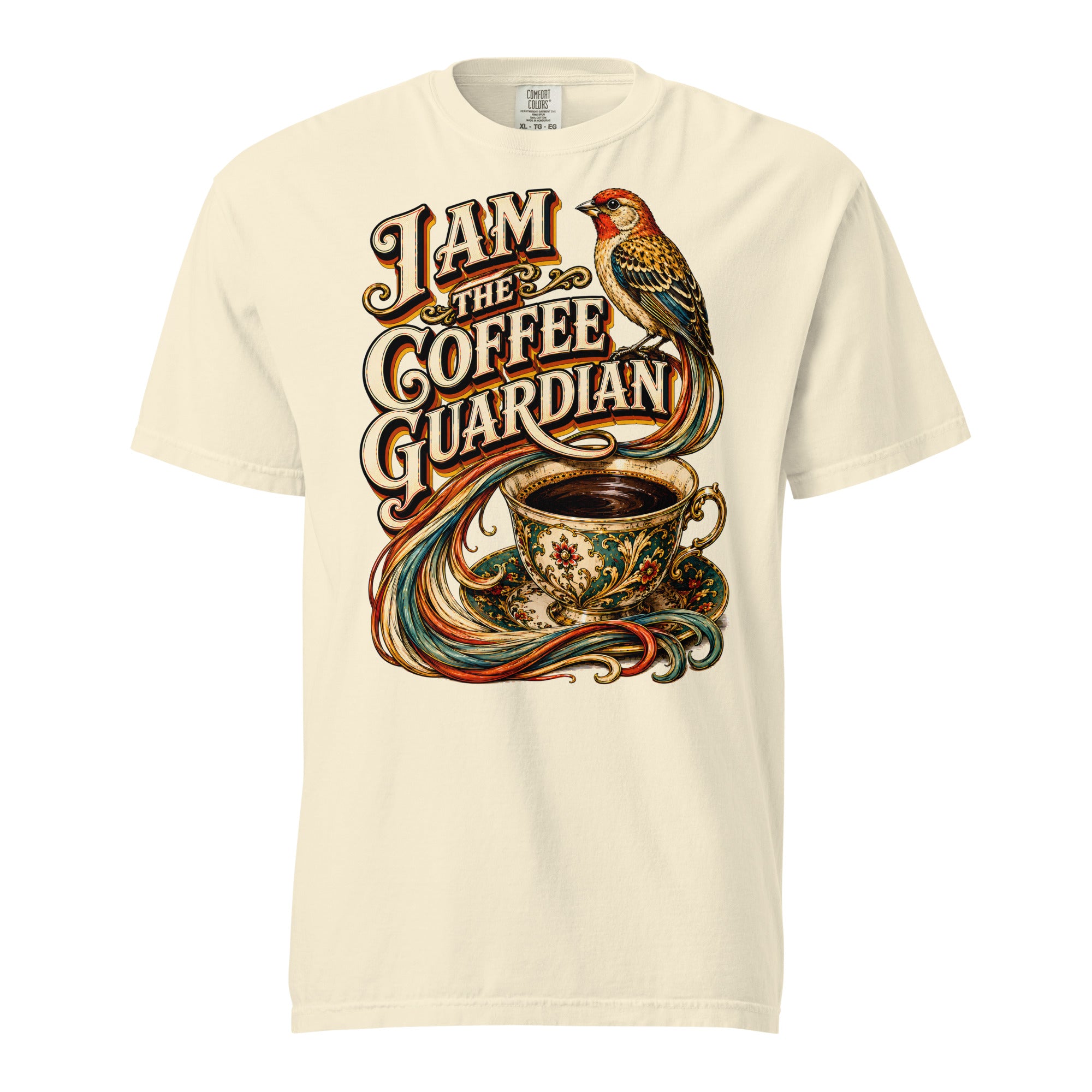 Coffee Lovers Unisex Heavyweight T-shirt The Coffee Guardian – Whimsical Bird & Vintage Cup Graphic Tee by printfluence.net