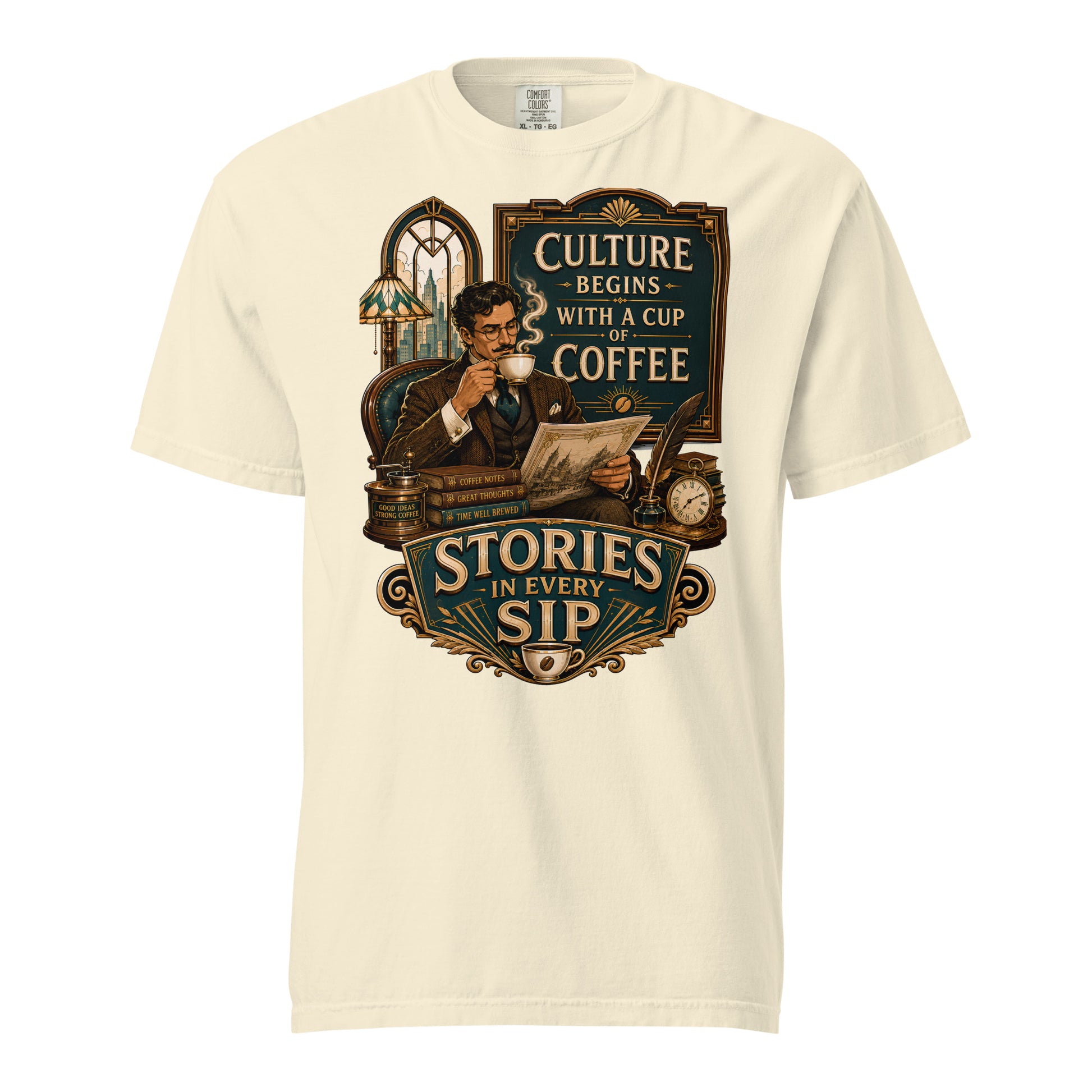 Coffee Lovers Unisex Heavyweight T-shirt Stories in Every Sip – Vintage Gentleman & Intellectual Coffee Graphic Tee by printfluence.net