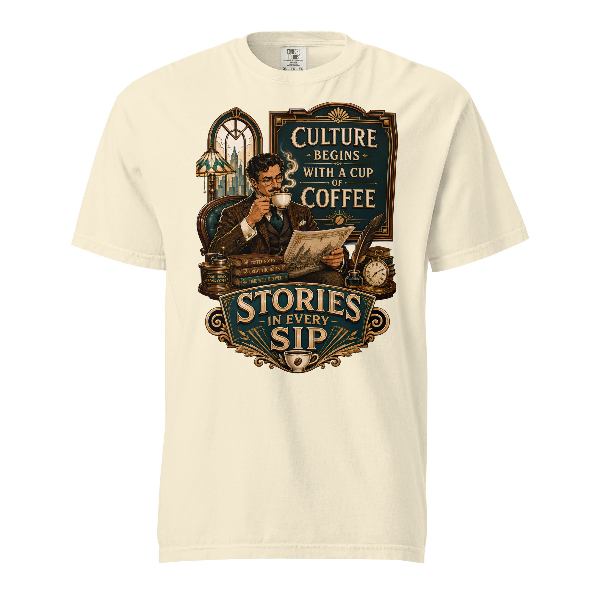 Coffee Lovers Unisex Heavyweight T-shirt Stories in Every Sip – Vintage Gentleman & Intellectual Coffee Graphic Tee by printfluence.net