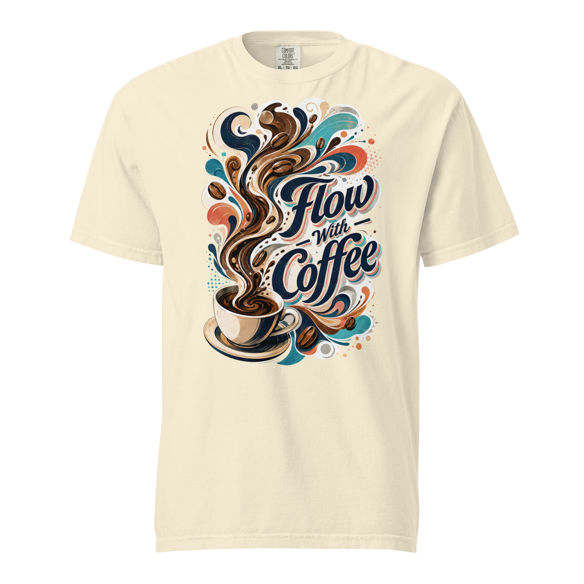 Coffee Lovers Heavyweight T-Shirt Flow with Coffee – Abstract Swirl & Coffee Bean Graphic Tee by printfluence.net