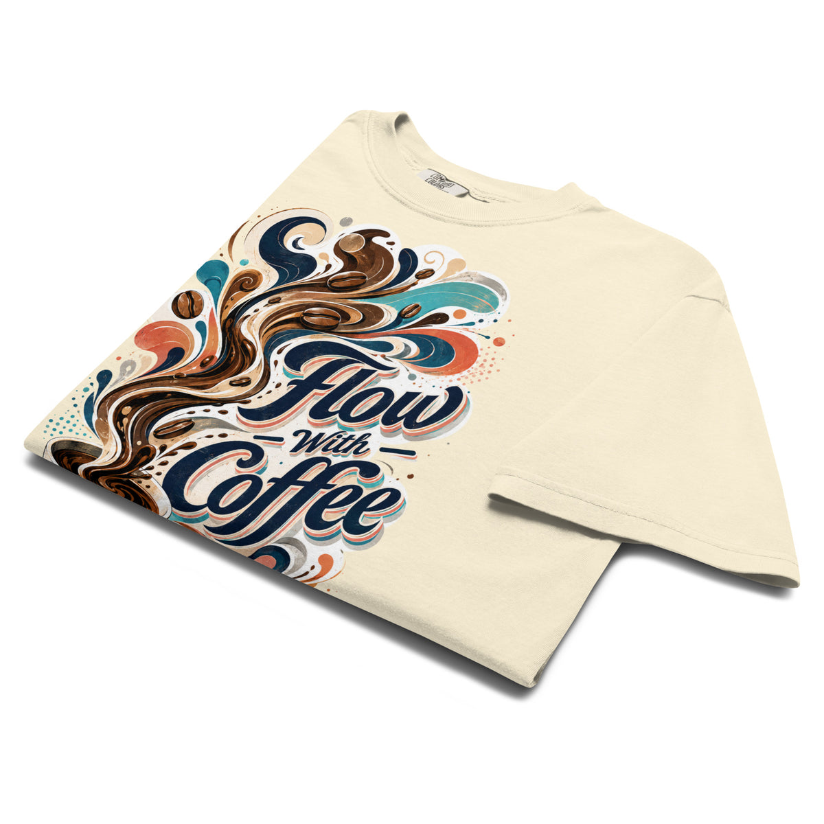 Coffee Lovers Heavyweight T-Shirt Flow with Coffee – Abstract Swirl & Coffee Bean Graphic Tee by printfluence.net