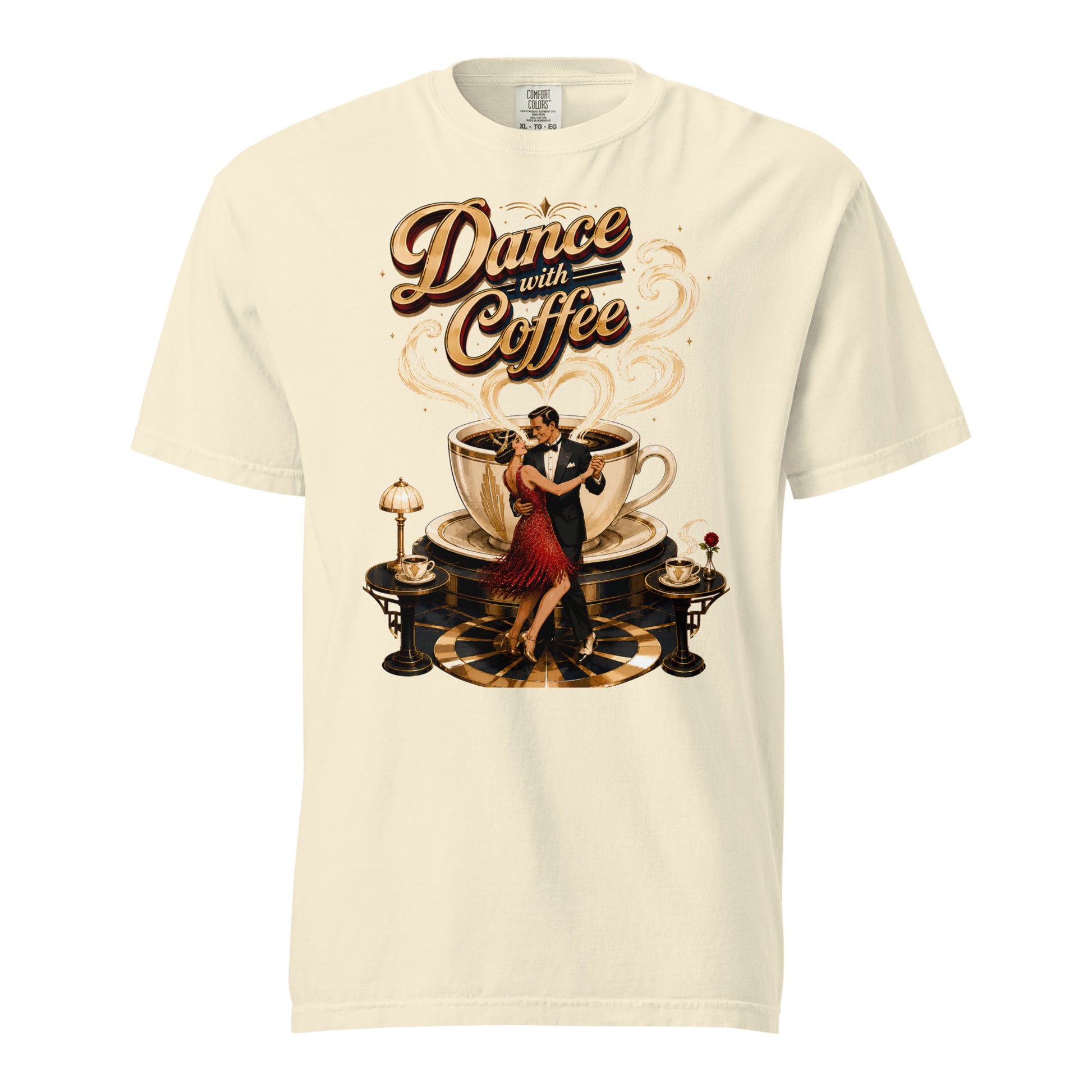 Coffee Lovers Unisex Garment-Dyed Heavyweight T-Shirt Dance with Coffee – Art Deco Dancer & Giant Cup Graphic Tee by printfluence.net