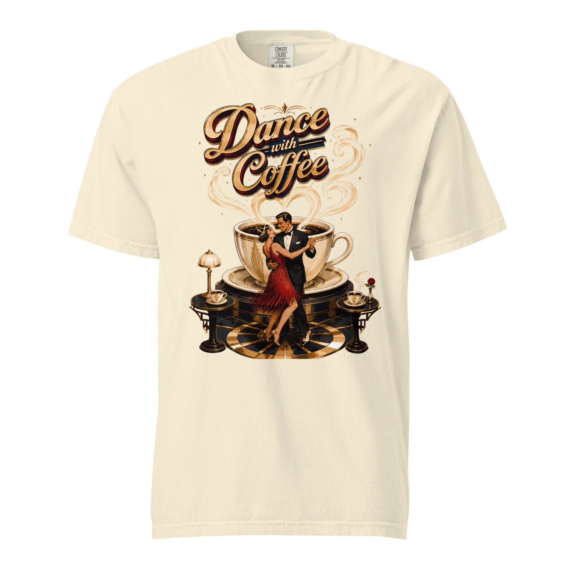 Coffee Lovers Unisex Garment-Dyed Heavyweight T-Shirt Dance with Coffee – Art Deco Dancer & Giant Cup Graphic Tee by printfluence.net
