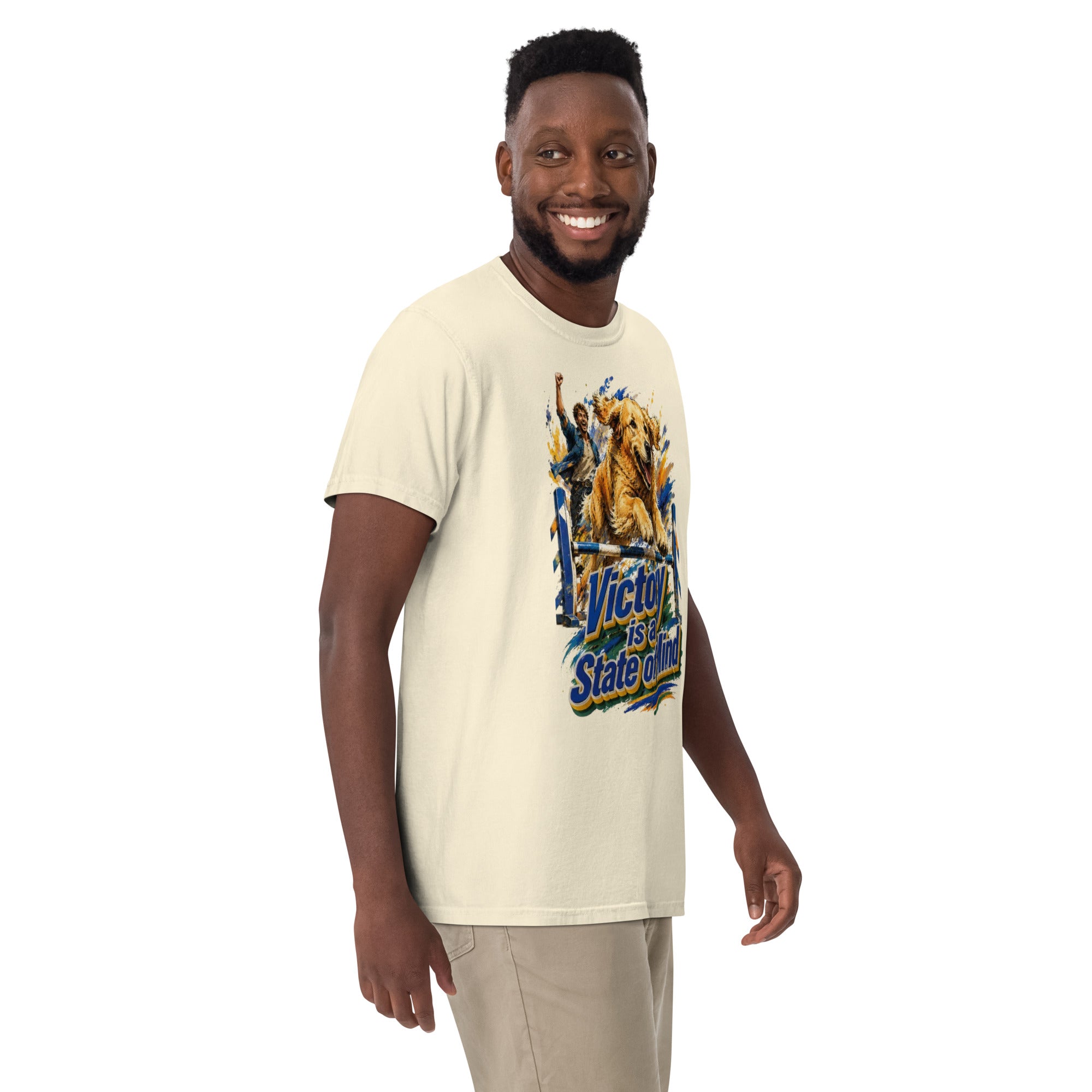 Golden Retriever Lovers Unisex Garment-Dyed Heavyweight T-Shirt — "Victory is a State of Mind" Agility Jumping Dog and Owner Design by printfluence.net