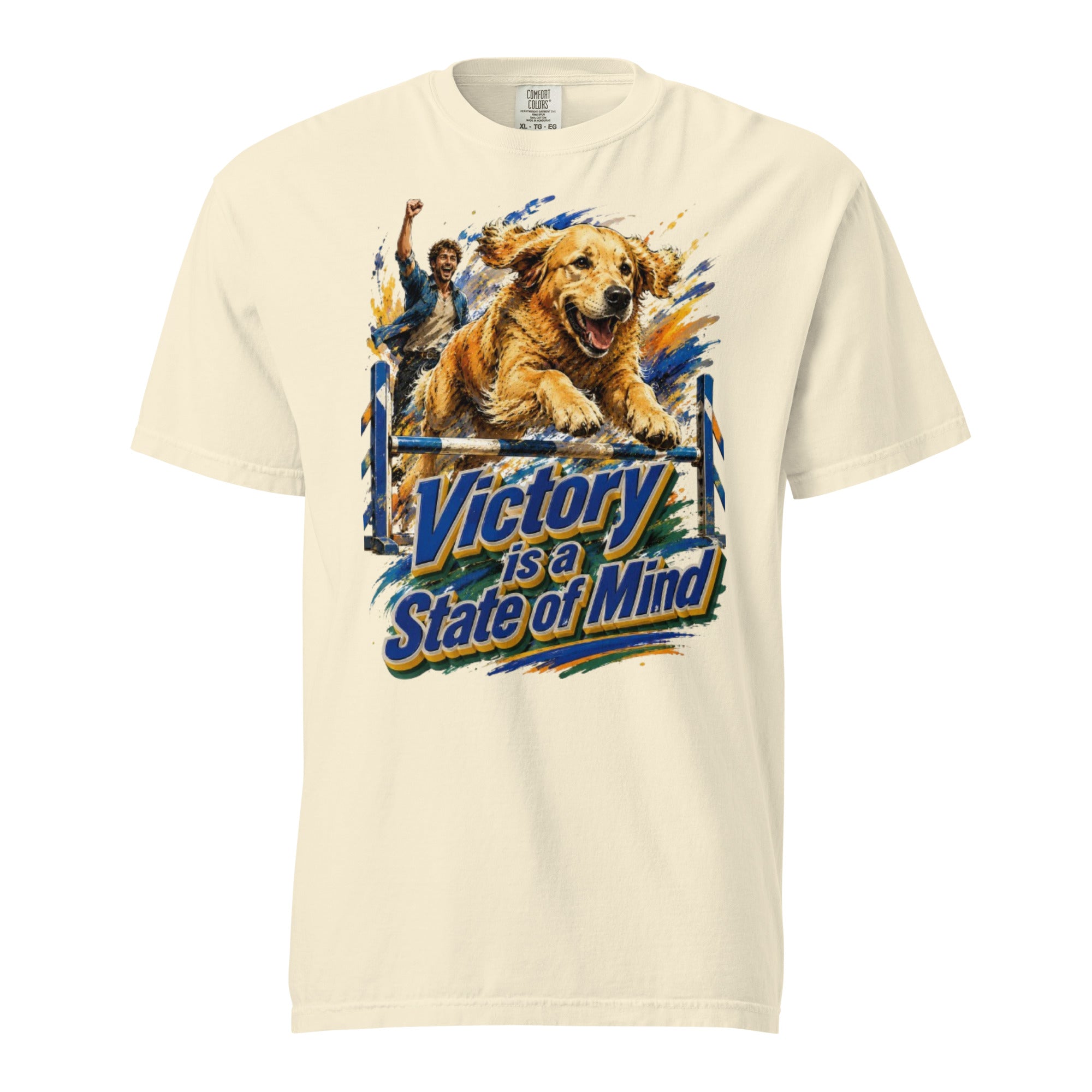 Golden Retriever Lovers Unisex Garment-Dyed Heavyweight T-Shirt — "Victory is a State of Mind" Agility Jumping Dog and Owner Design by printfluence.net