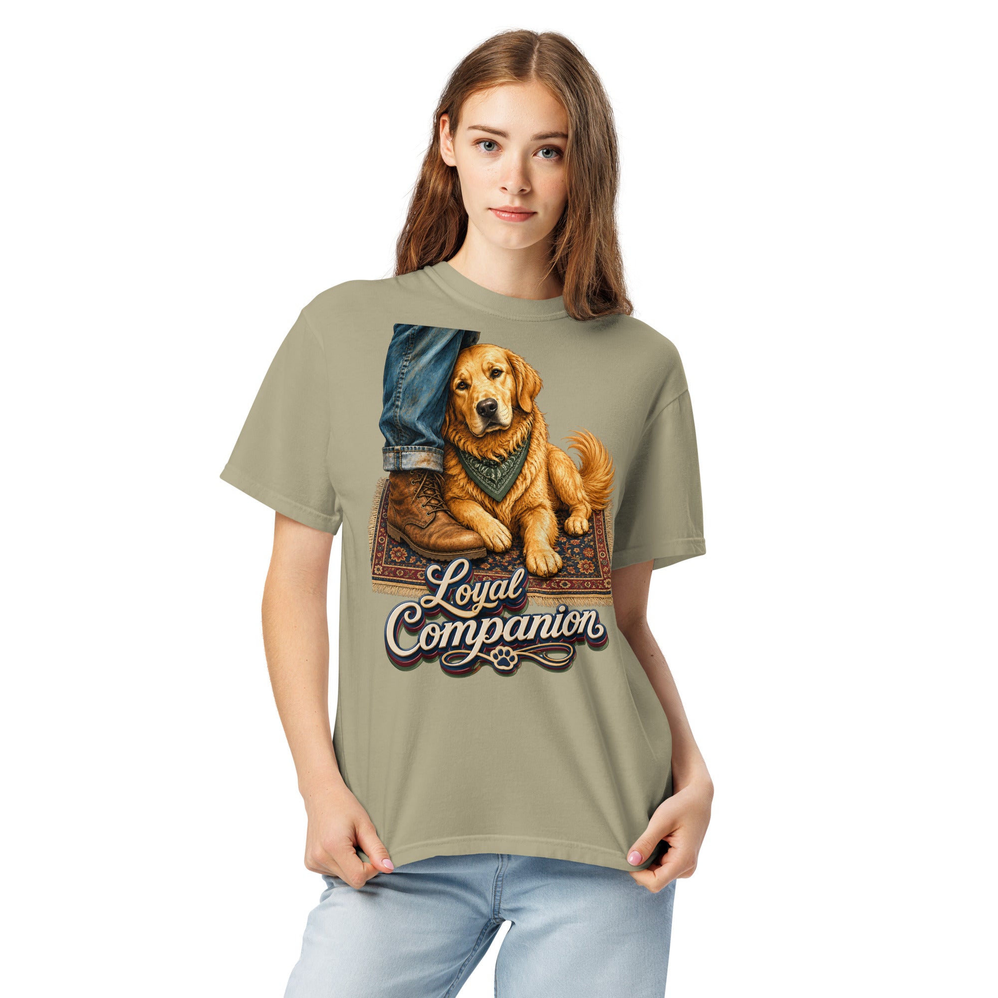 Golden Retriever Lovers Unisex Garment-Dyed Heavyweight T-Shirt — "Loyal Companion" Faithful Dog Resting on Rug Design by printfluence.net
