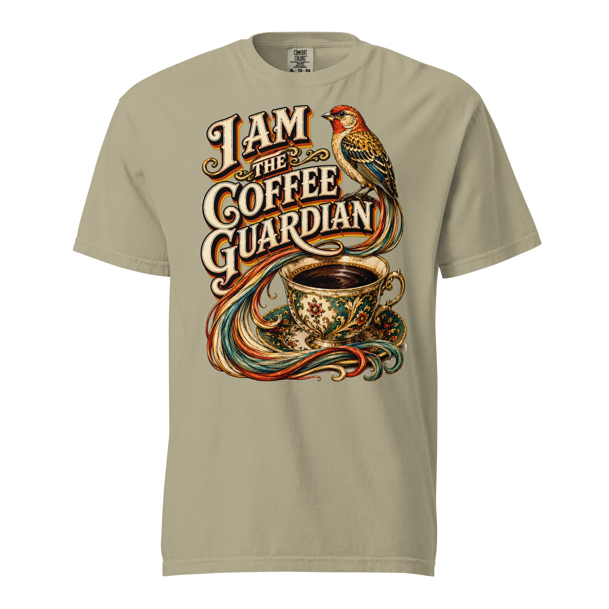 Coffee Lovers Unisex Heavyweight T-shirt The Coffee Guardian – Whimsical Bird & Vintage Cup Graphic Tee by printfluence.net