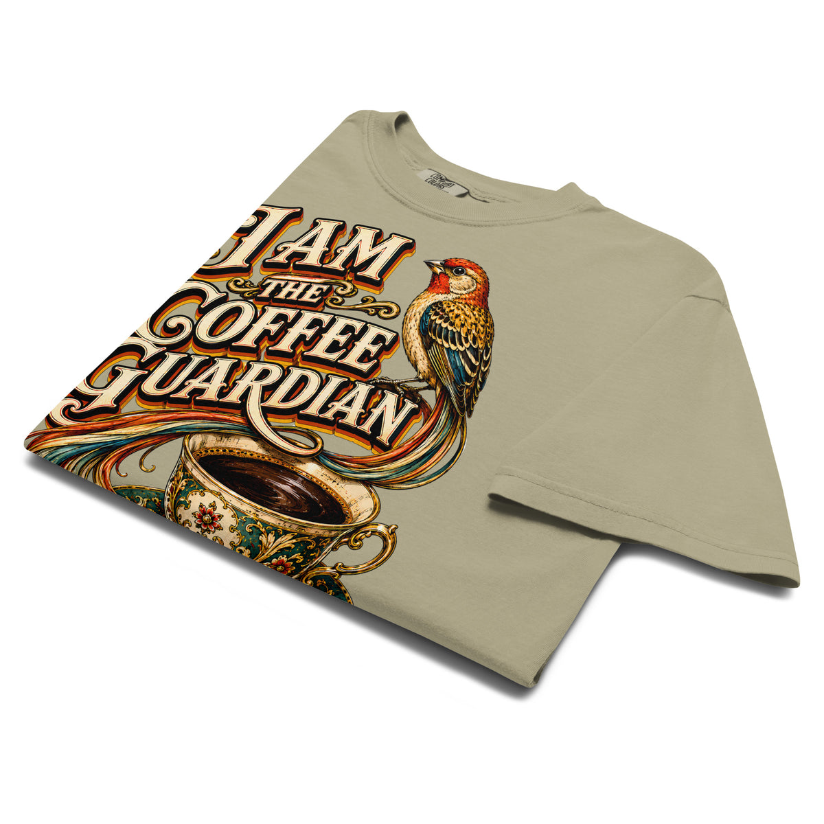 Coffee Lovers Unisex Heavyweight T-shirt The Coffee Guardian – Whimsical Bird & Vintage Cup Graphic Tee by printfluence.net